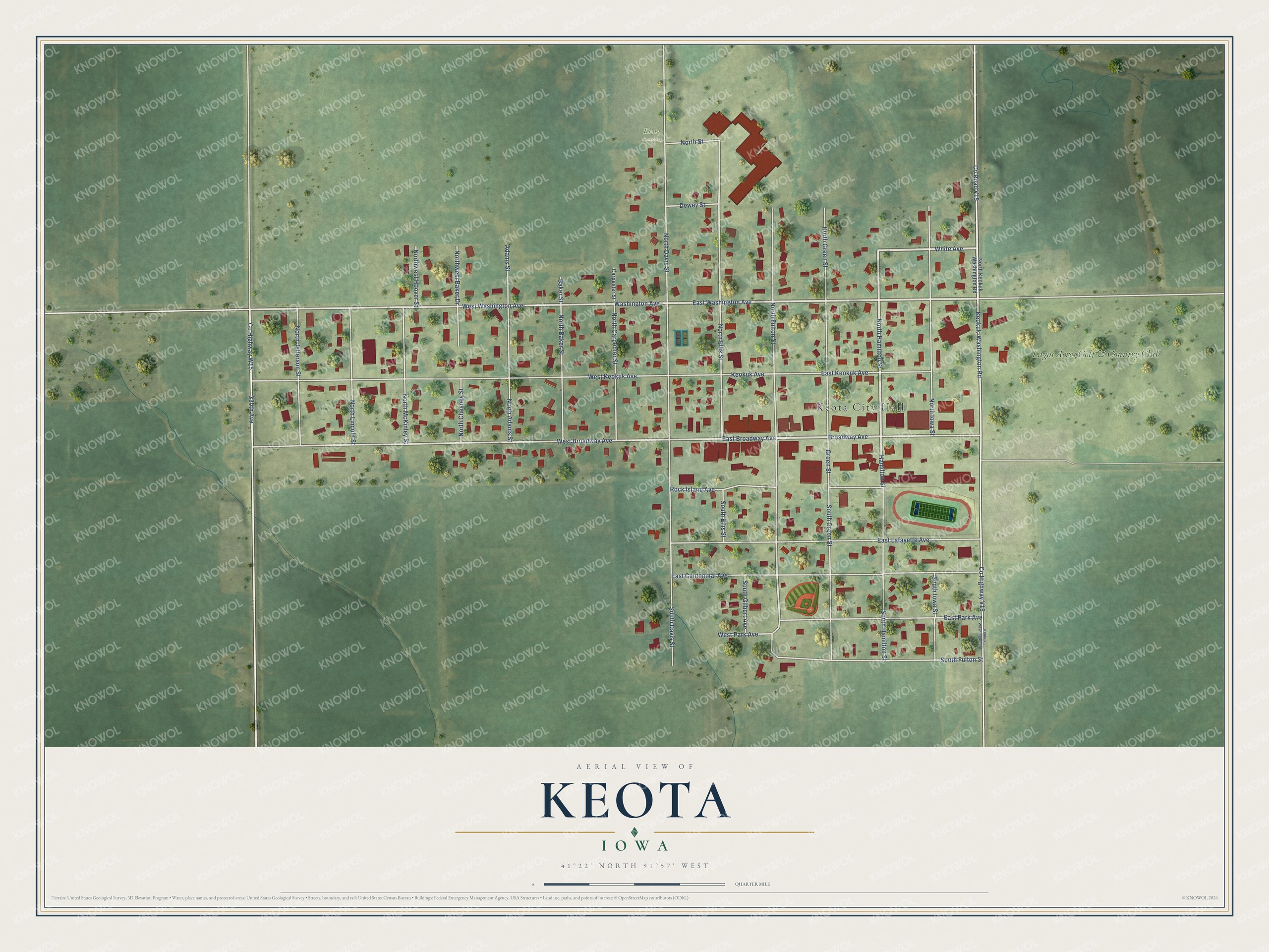 Full map of Keota, Iowa, with red buildings, printed street names and the land around them