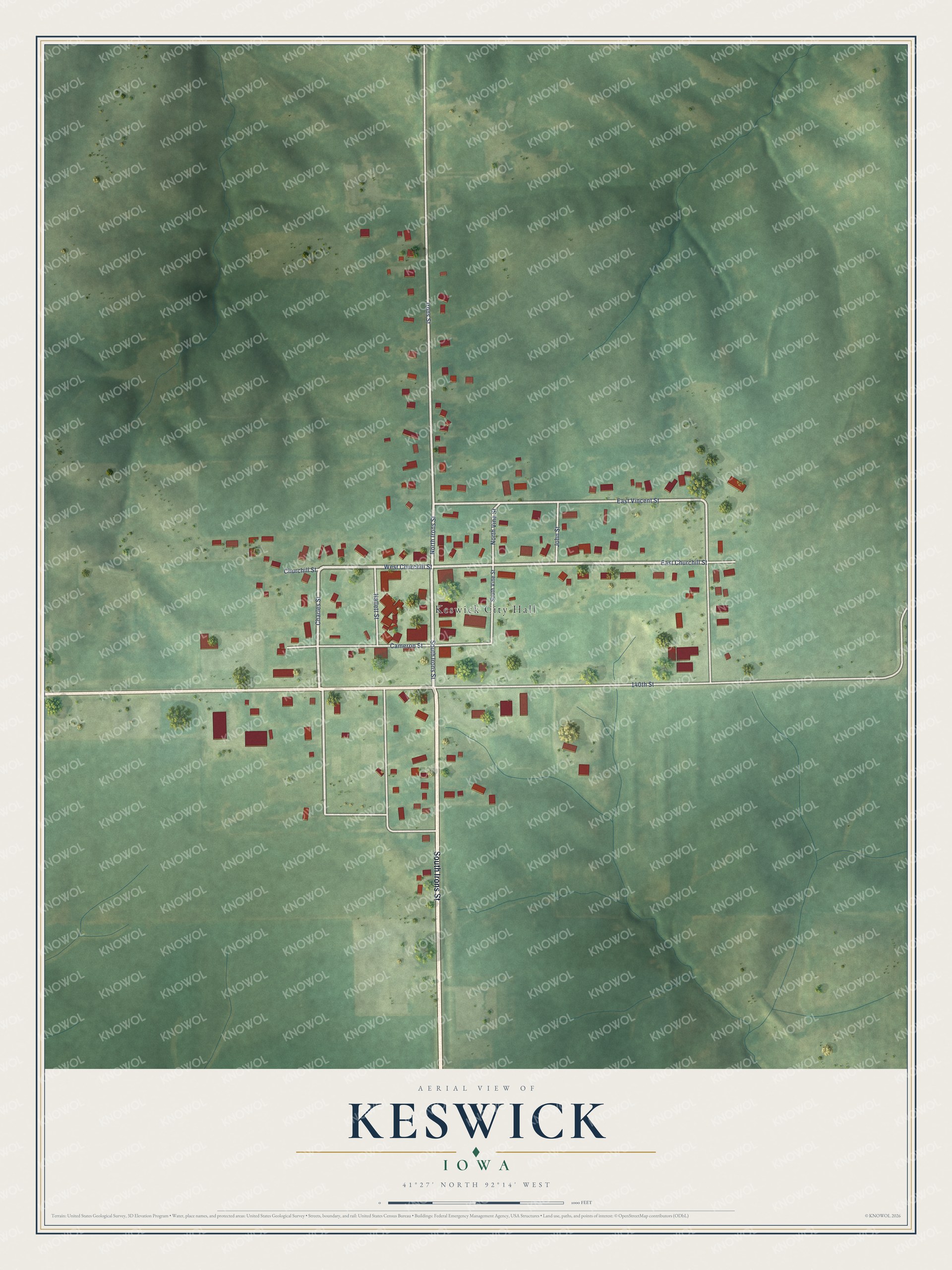 Full map of Keswick, Iowa, with red buildings, printed street names and the land around them