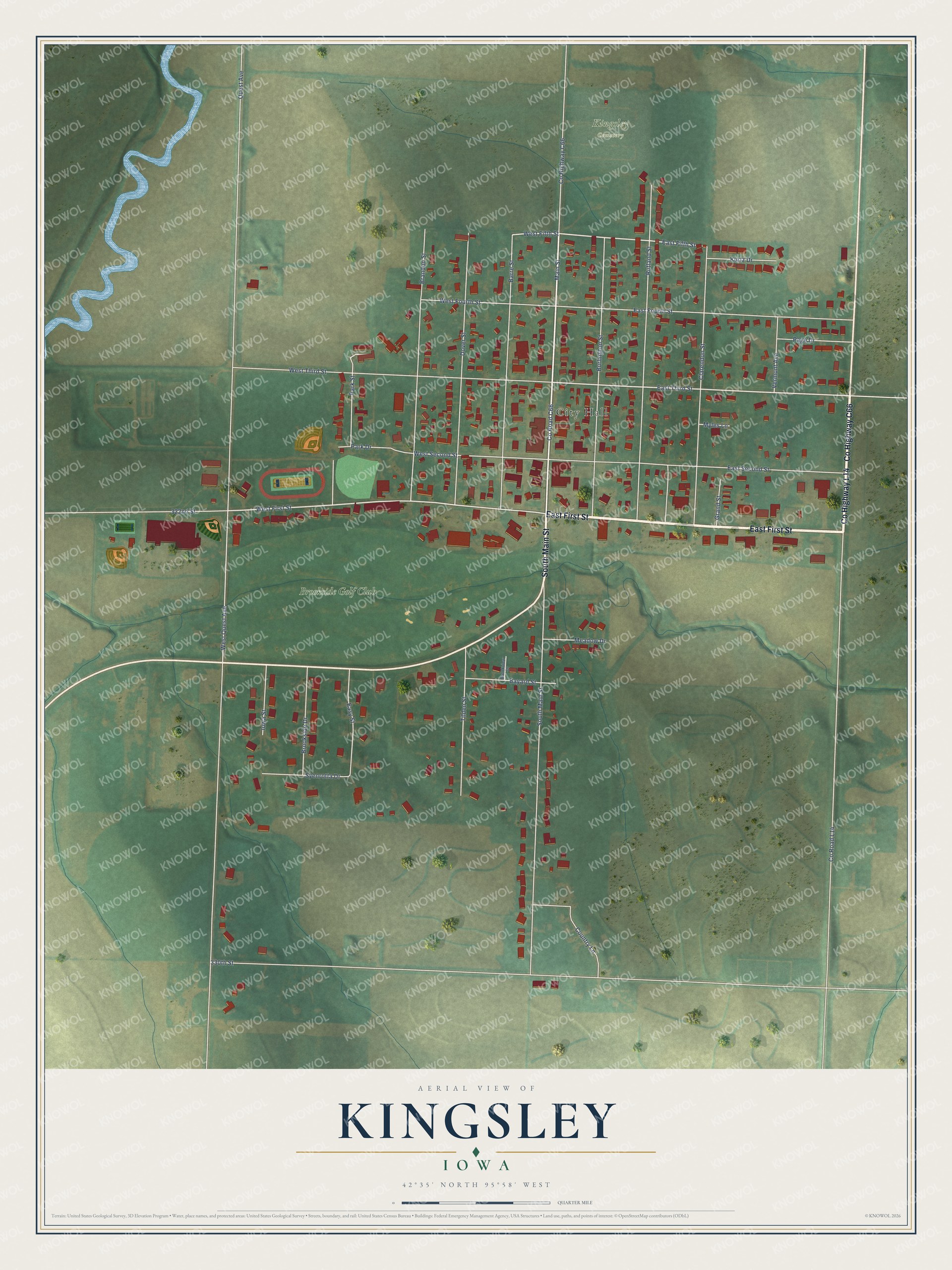 Full map of Kingsley, Iowa, with red buildings, printed street names and the land around them