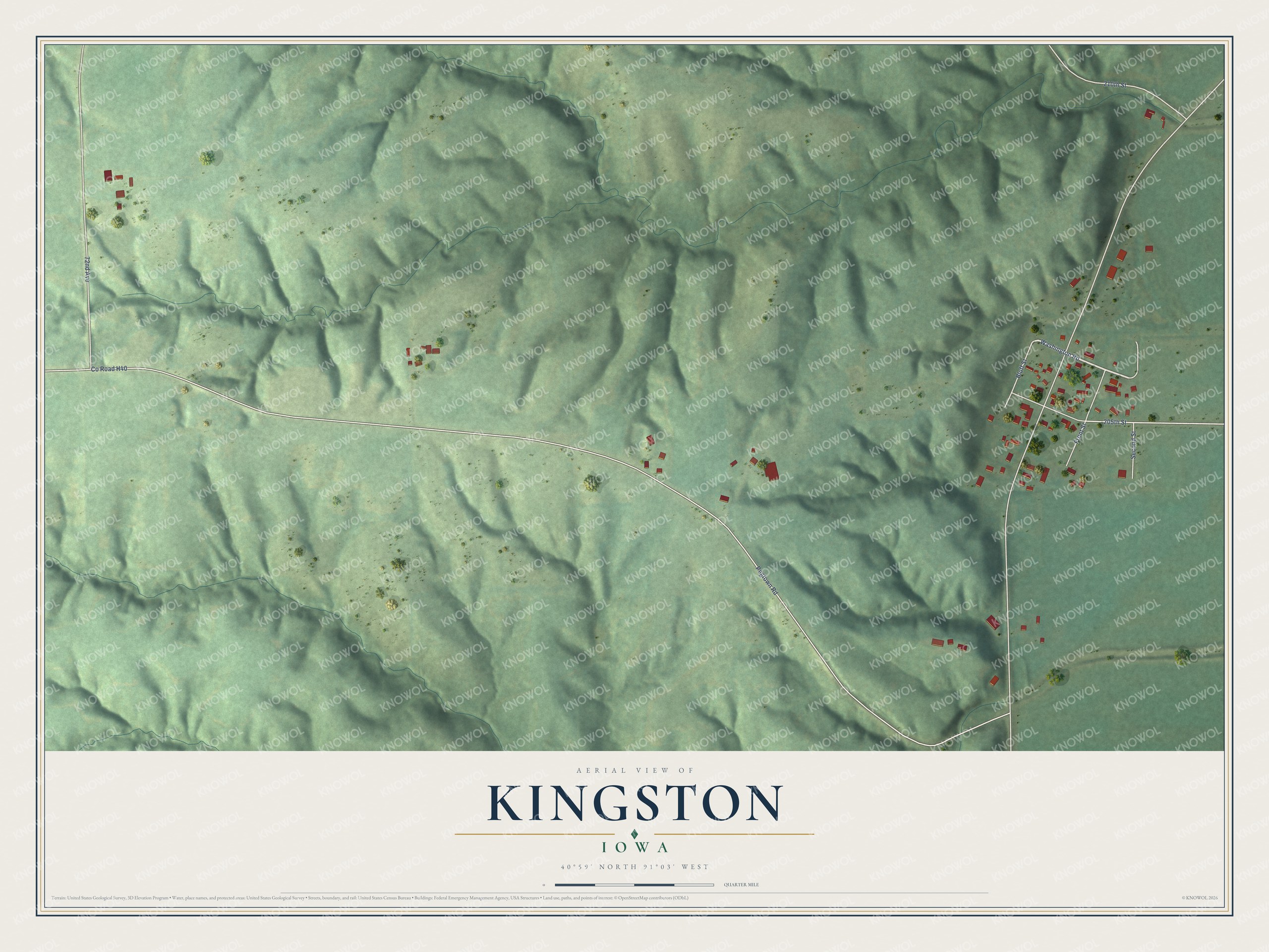Full map of Kingston, Iowa, with red buildings, printed street names and the land around them