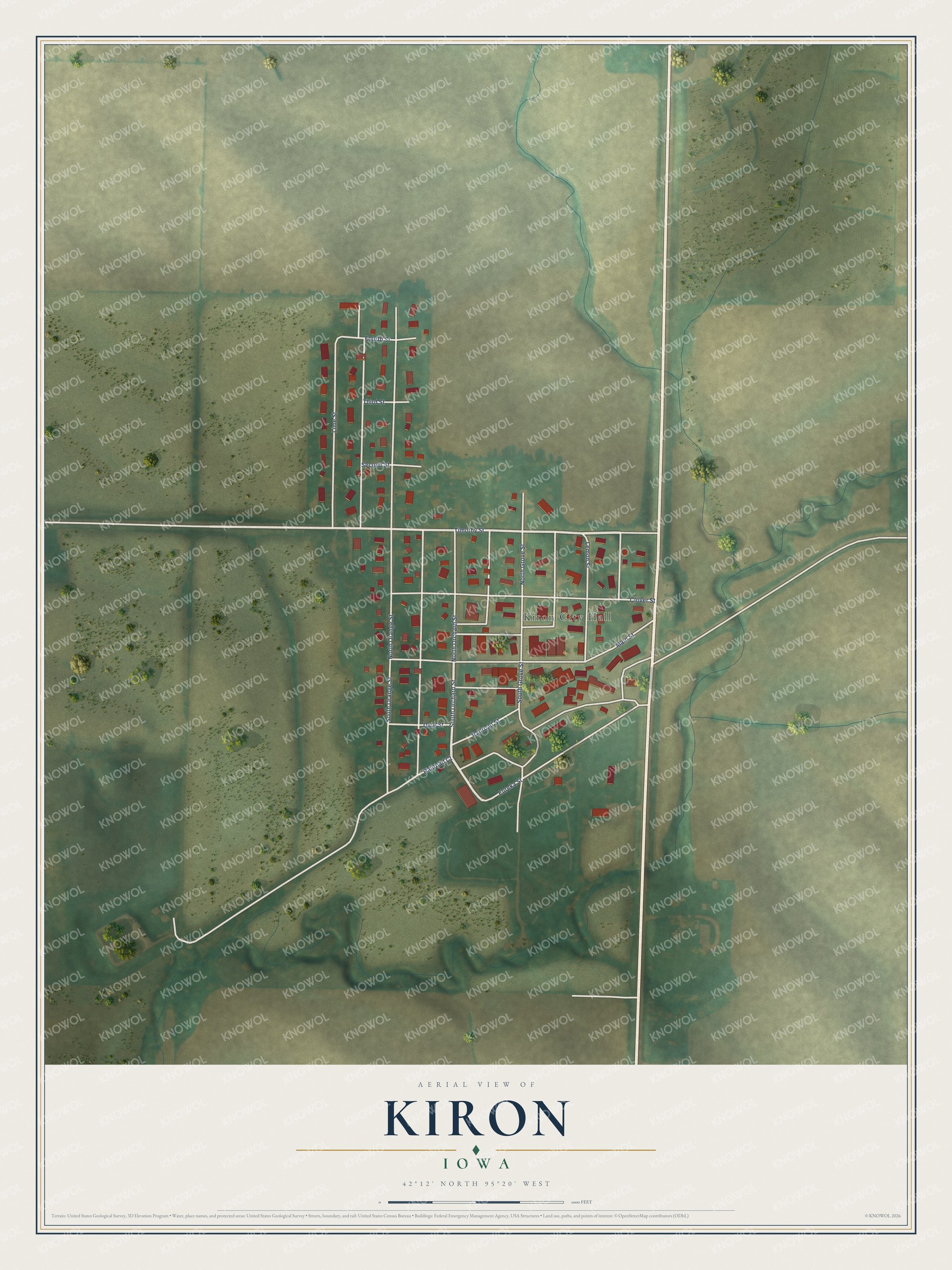 Full map of Kiron, Iowa, with red buildings, printed street names and the land around them