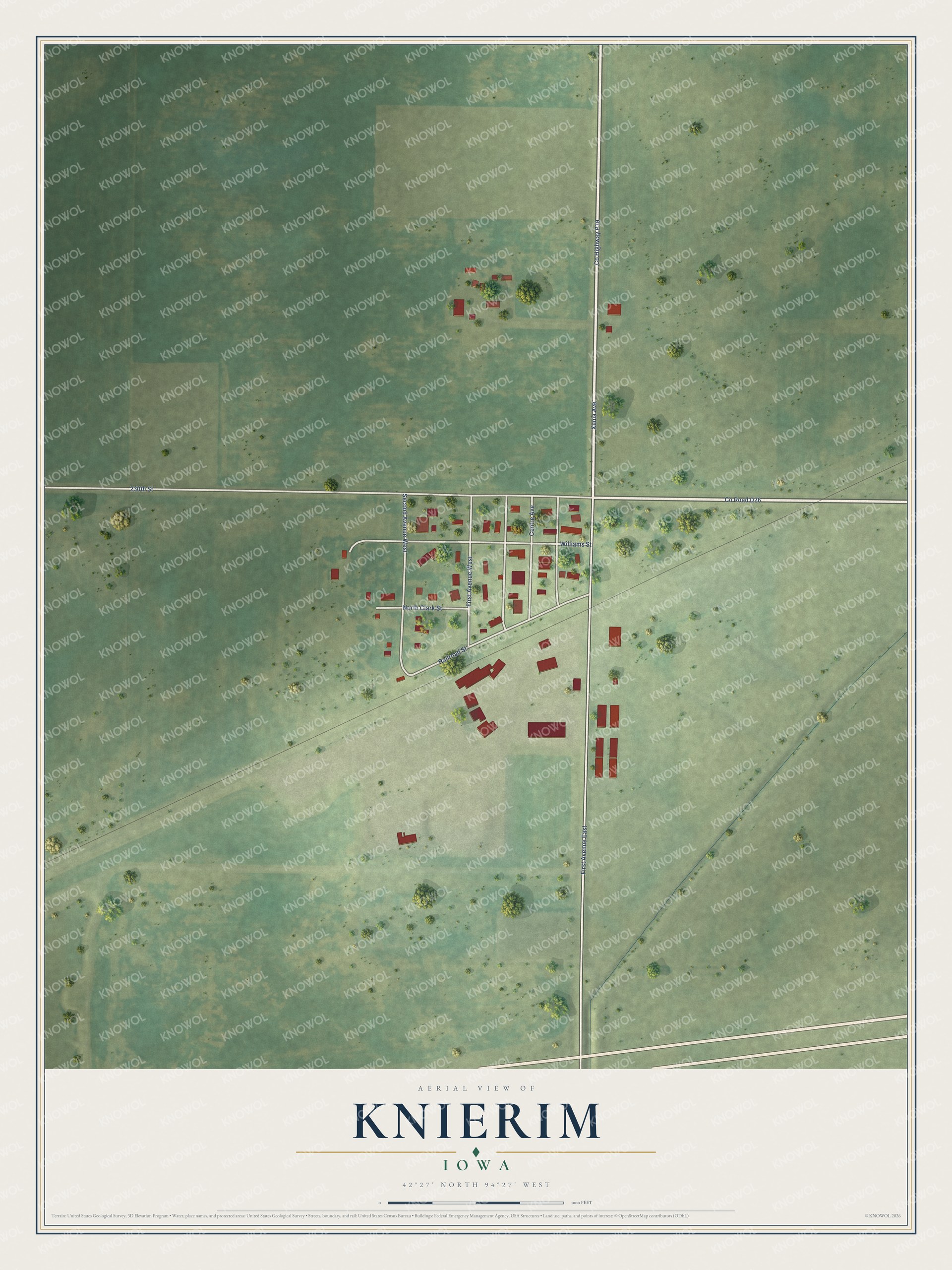 Full map of Knierim, Iowa, with red buildings, printed street names and the land around them