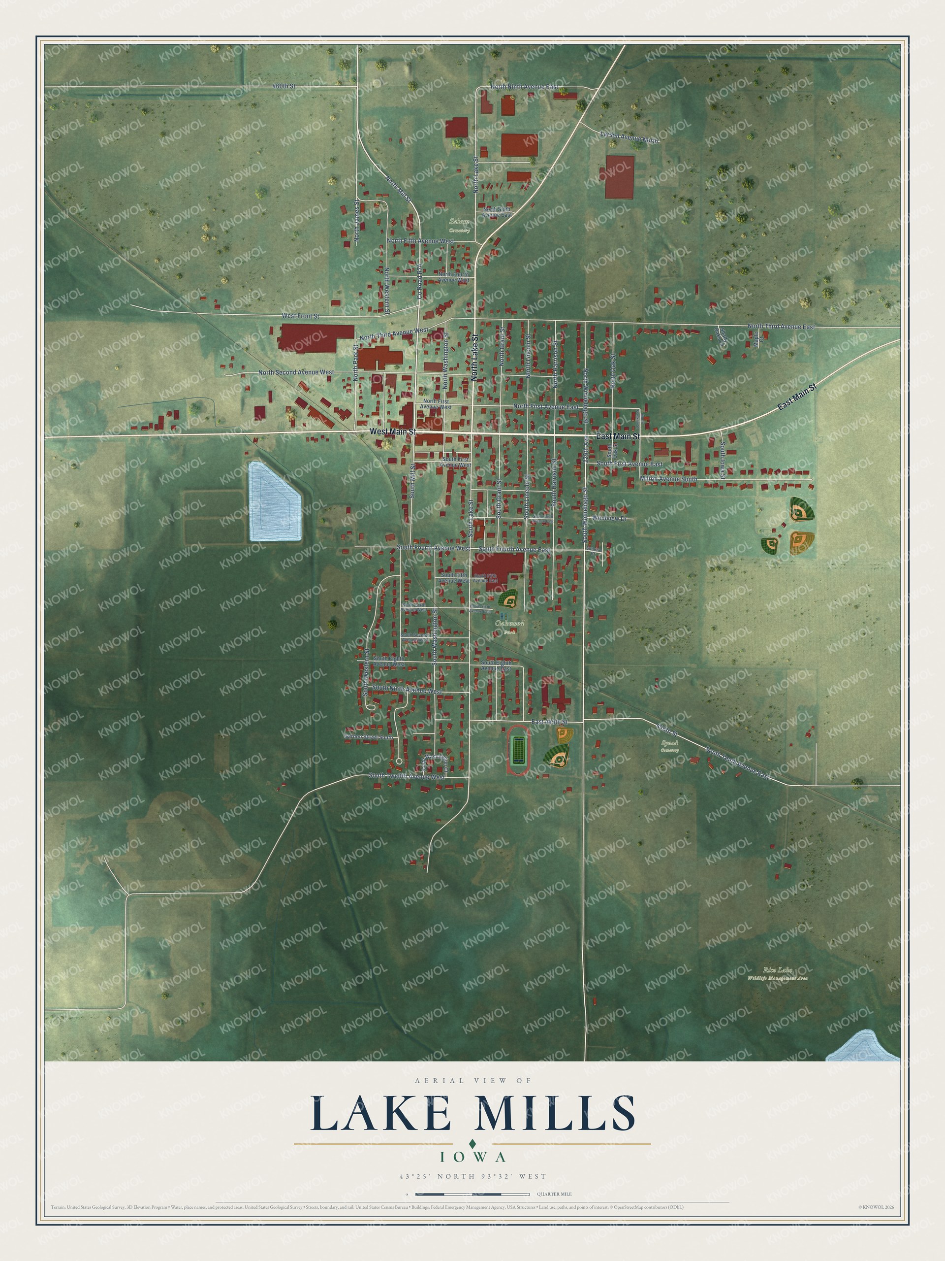 Full map of Lake Mills, Iowa, with red buildings, printed street names and the land around them