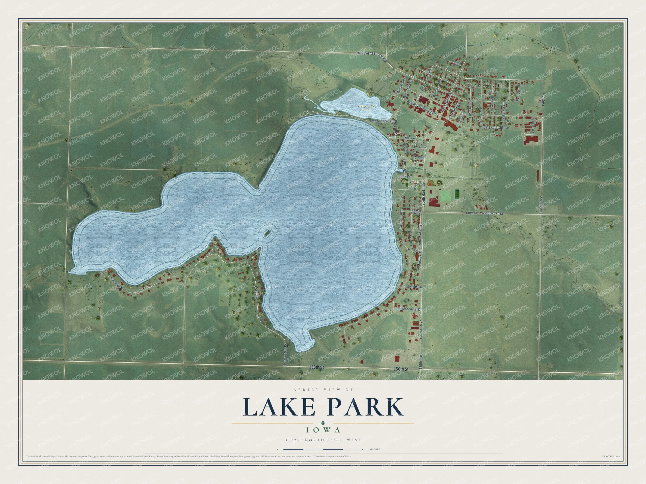 Full map of Lake Park, Iowa, with red buildings, printed street names and the land around them