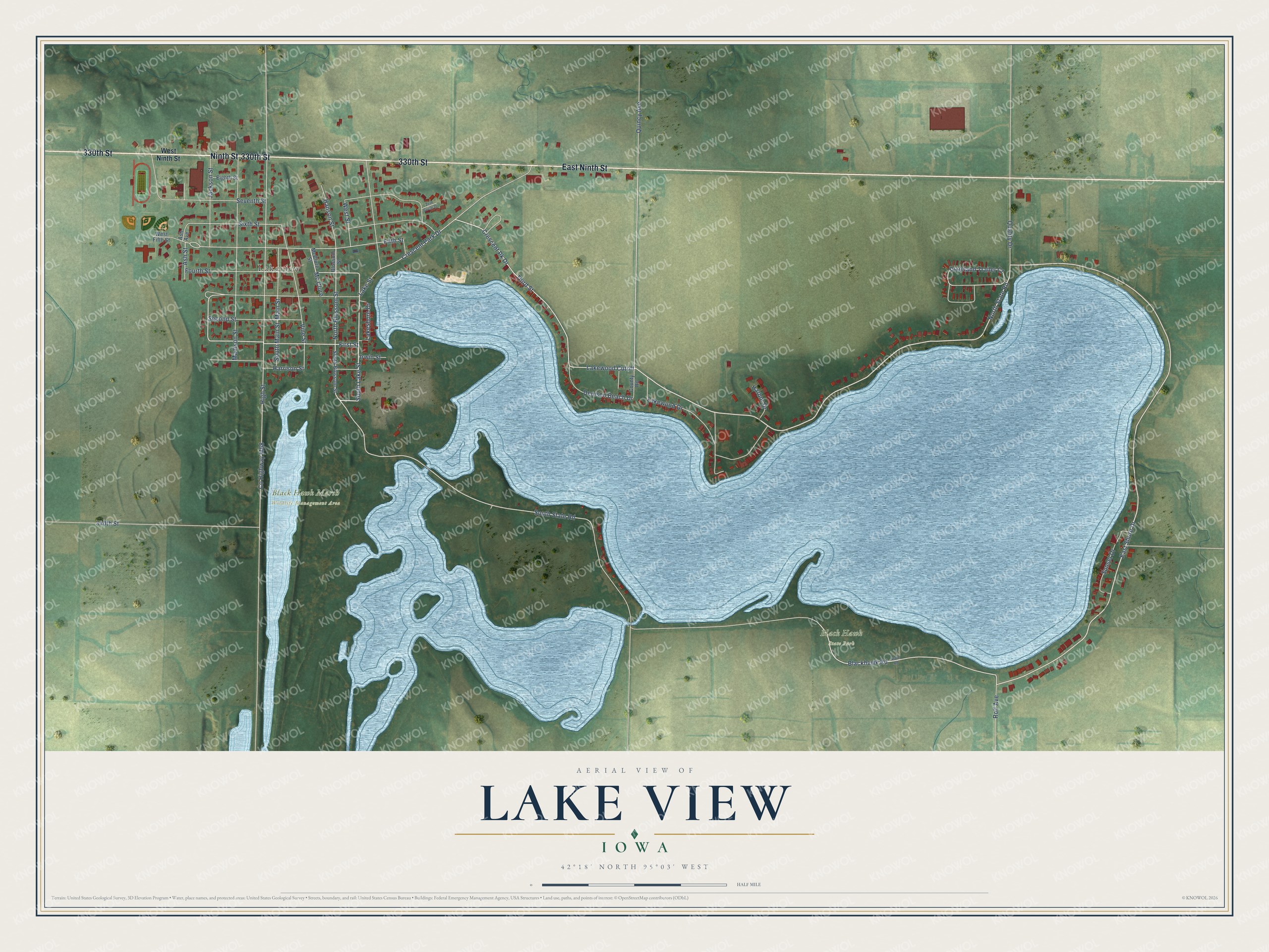 Full map of Lake View, Iowa, with red buildings, printed street names and the land around them