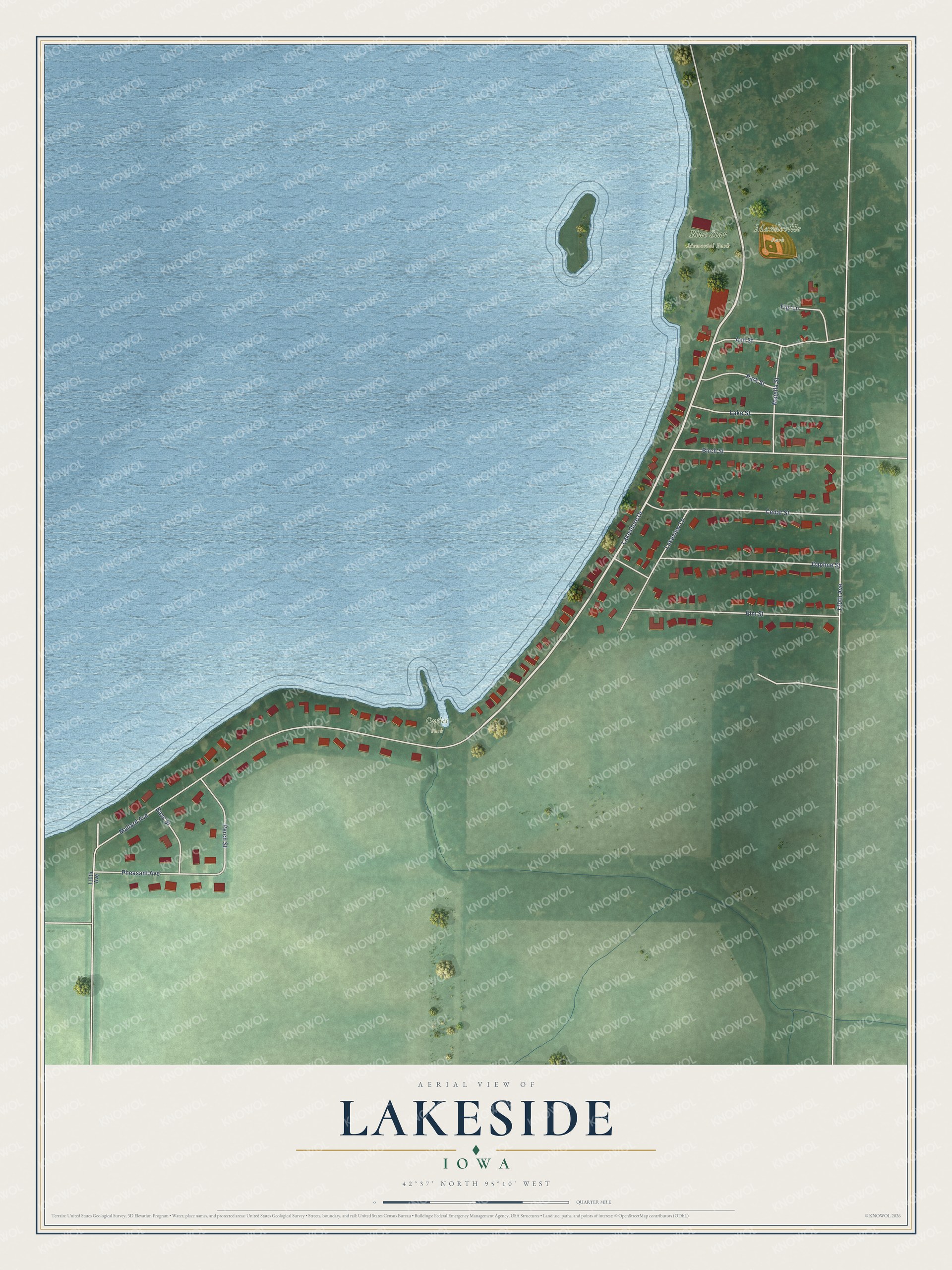 Full map of Lakeside, Iowa, with red buildings, printed street names and the land around them
