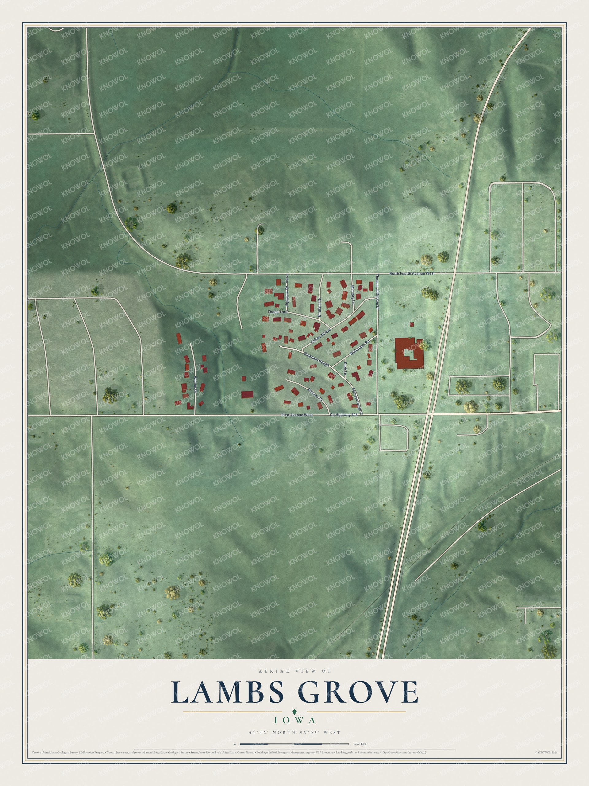 Full map of Lambs Grove, Iowa, with red buildings, printed street names and the land around them