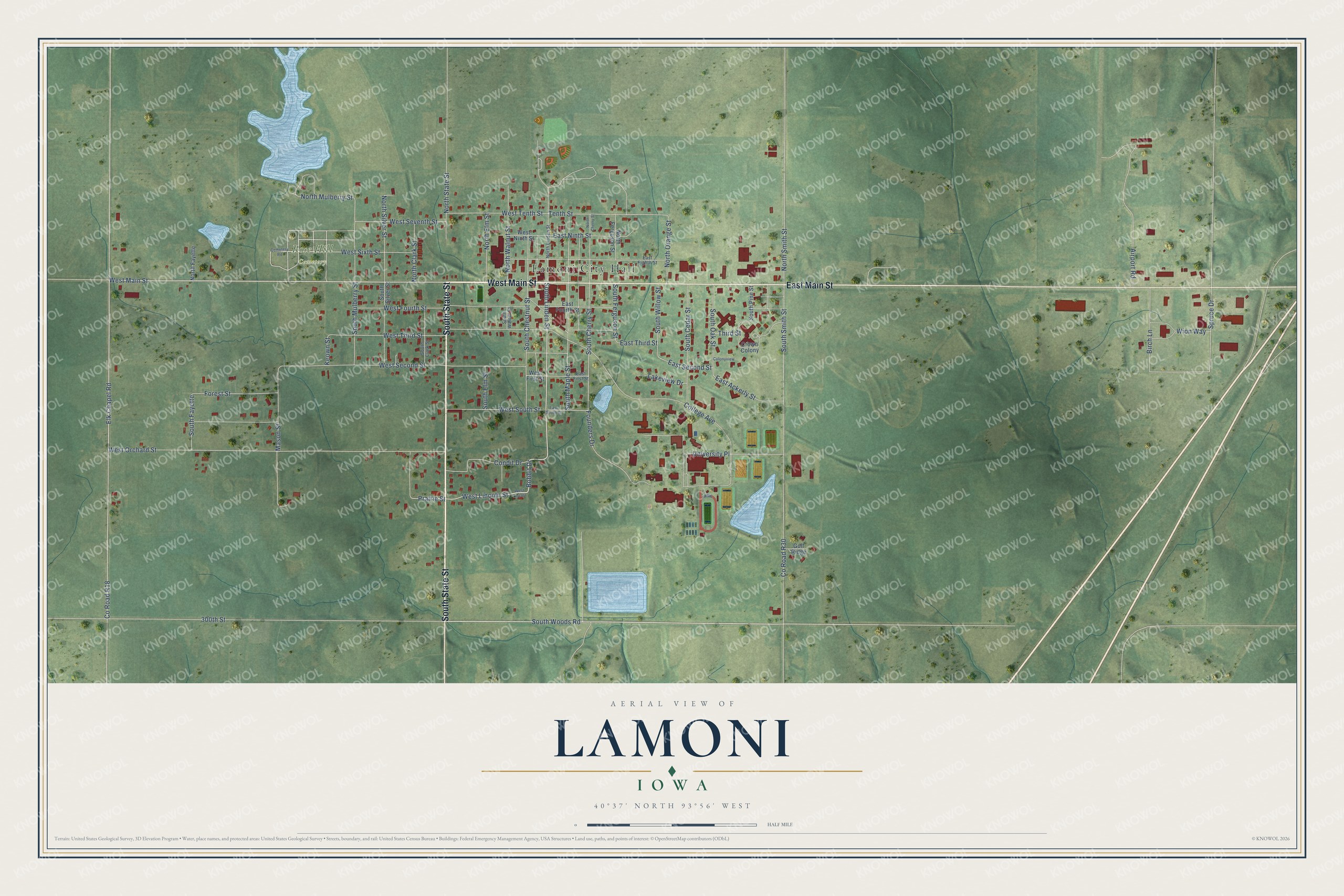 Full map of Lamoni, Iowa, with red buildings, printed street names and the land around them