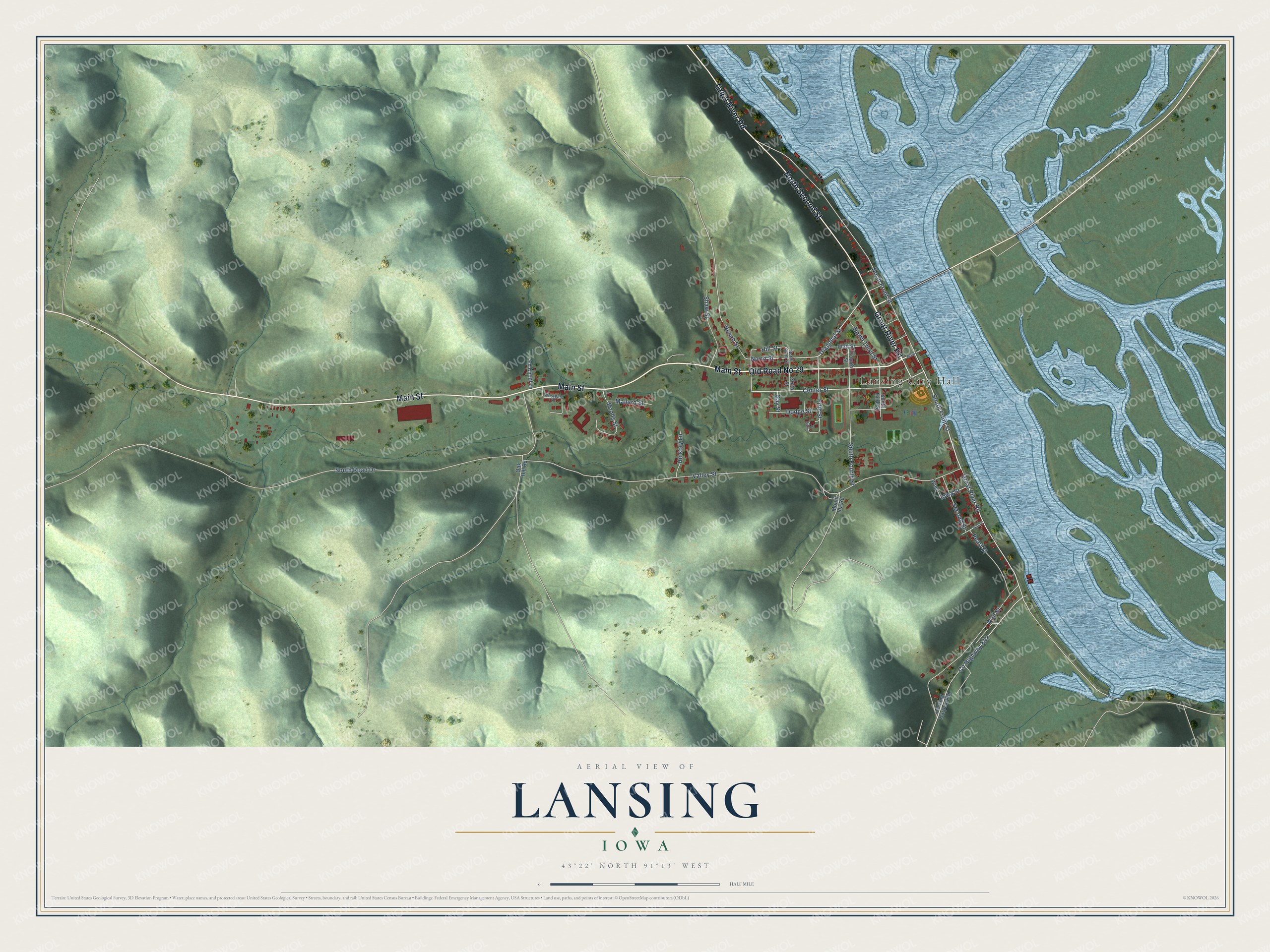 Full map of Lansing, Iowa, with red buildings, printed street names and the land around them