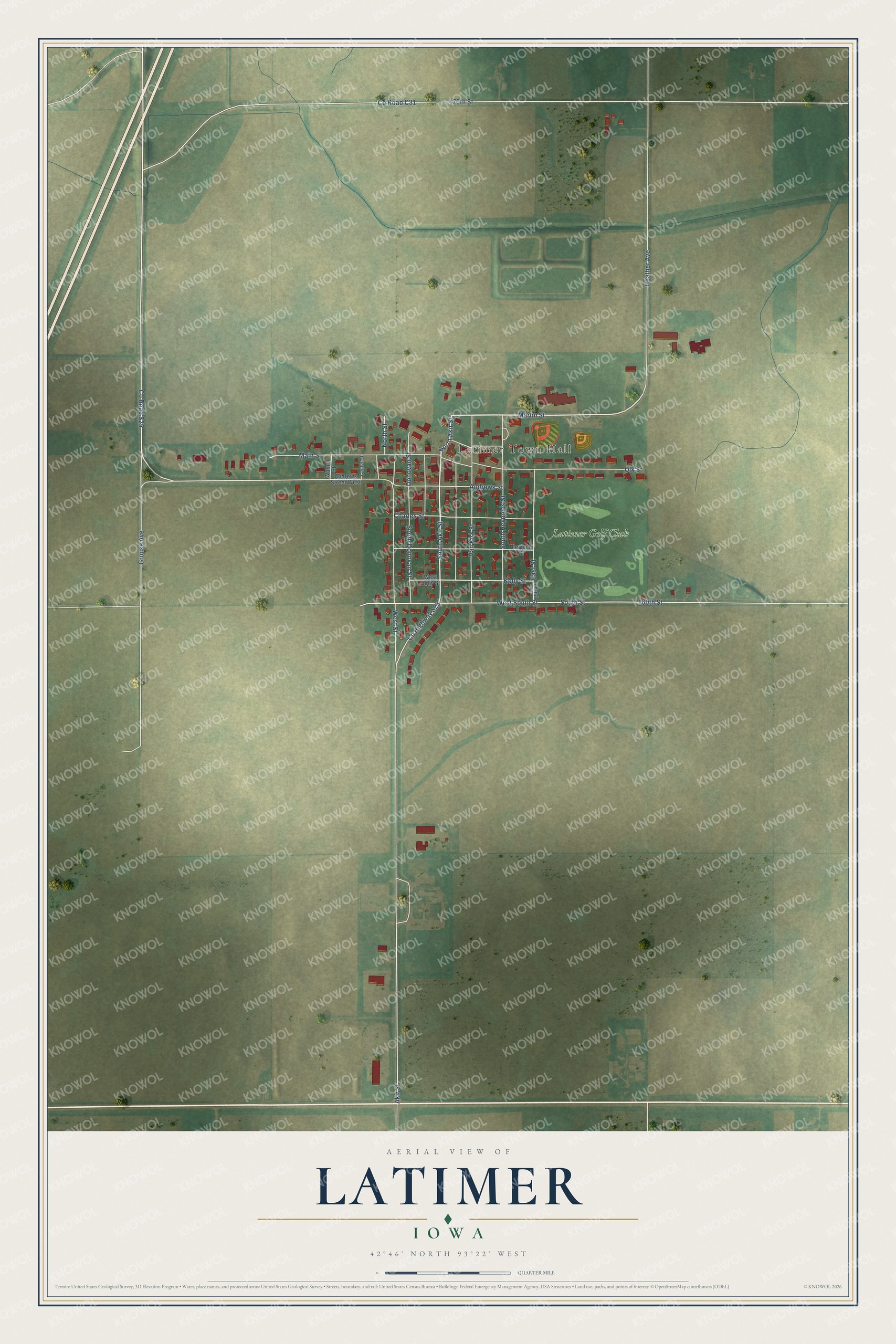 Full map of Latimer, Iowa, with red buildings, printed street names and the land around them