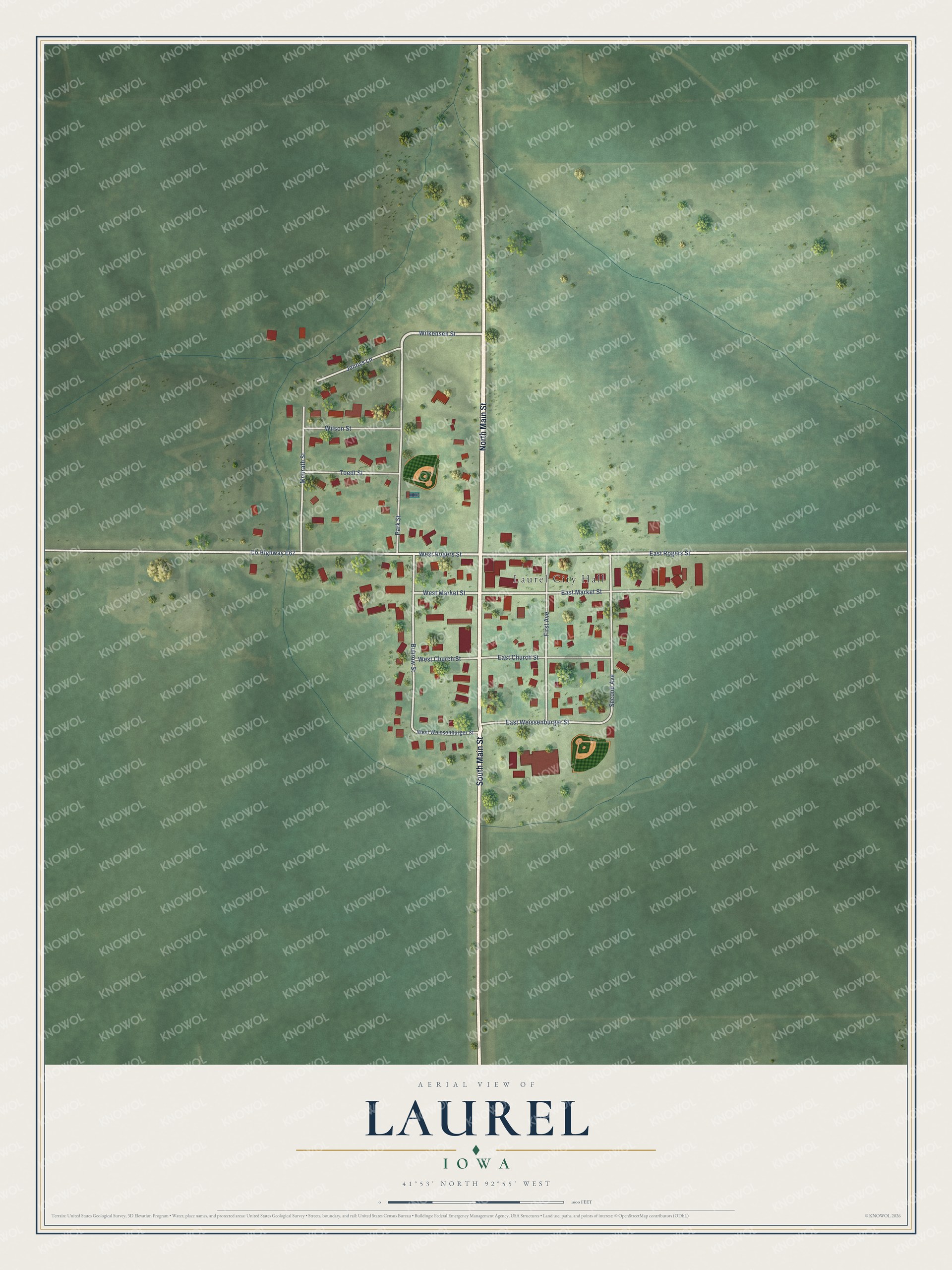 Full map of Laurel, Iowa, with red buildings, printed street names and the land around them