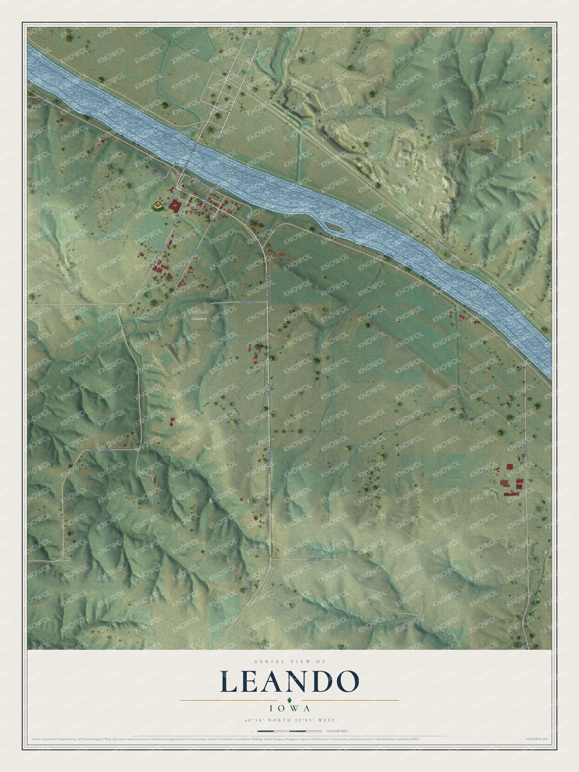 Full map of Leando, Iowa, with red buildings, printed street names and the land around them