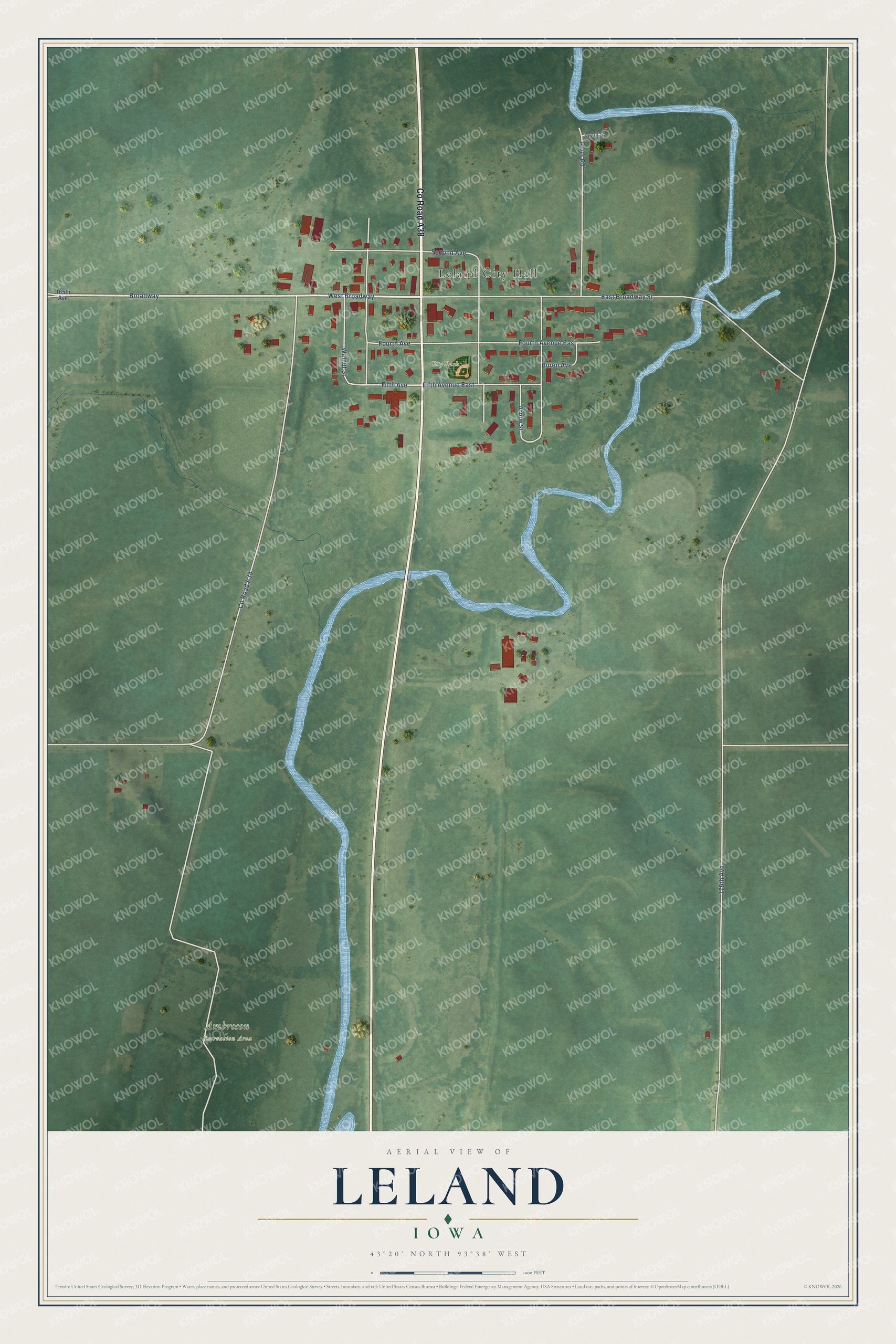 Full map of Leland, Iowa, with red buildings, printed street names and the land around them