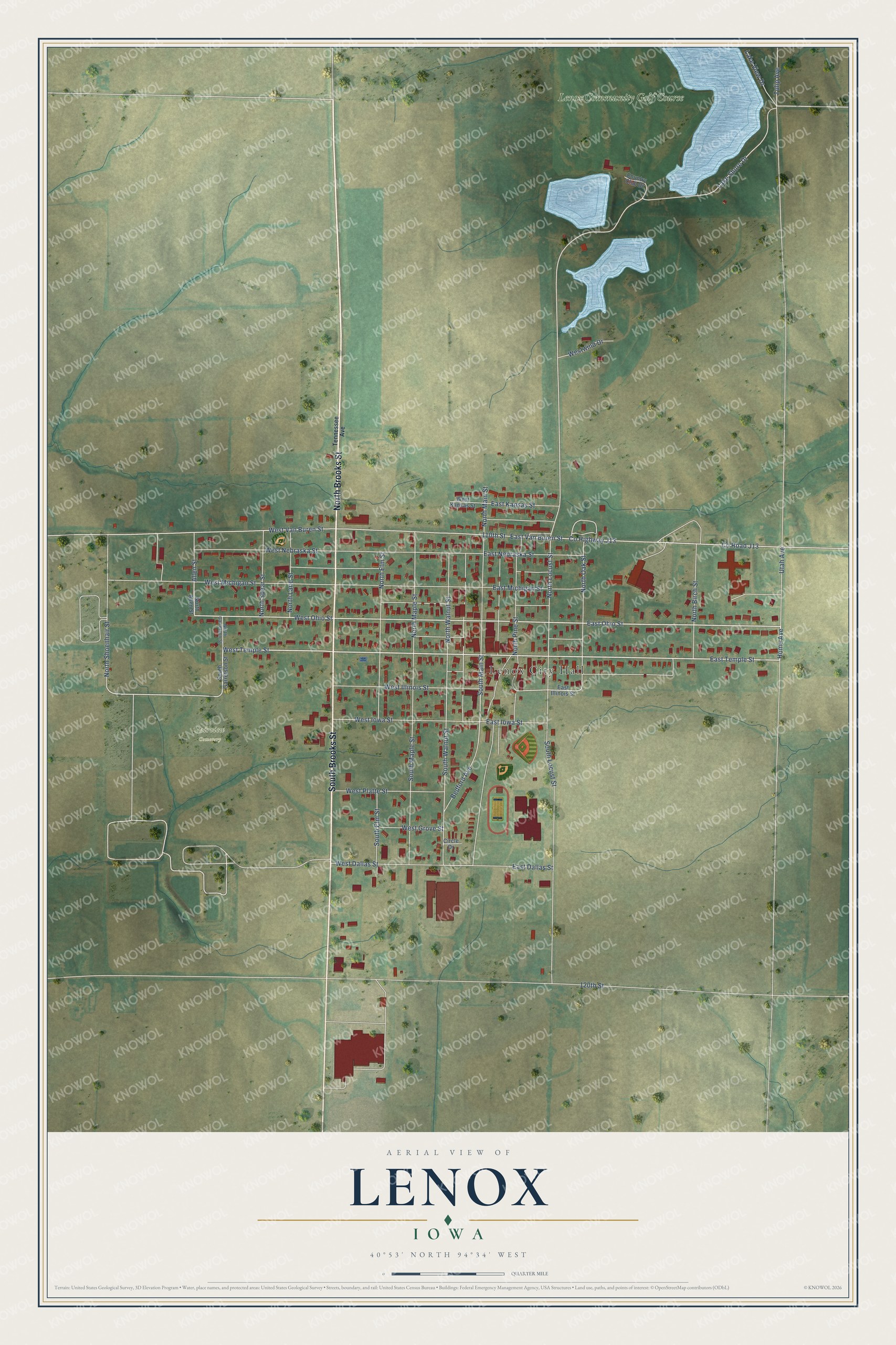 Full map of Lenox, Iowa, with red buildings, printed street names and the land around them