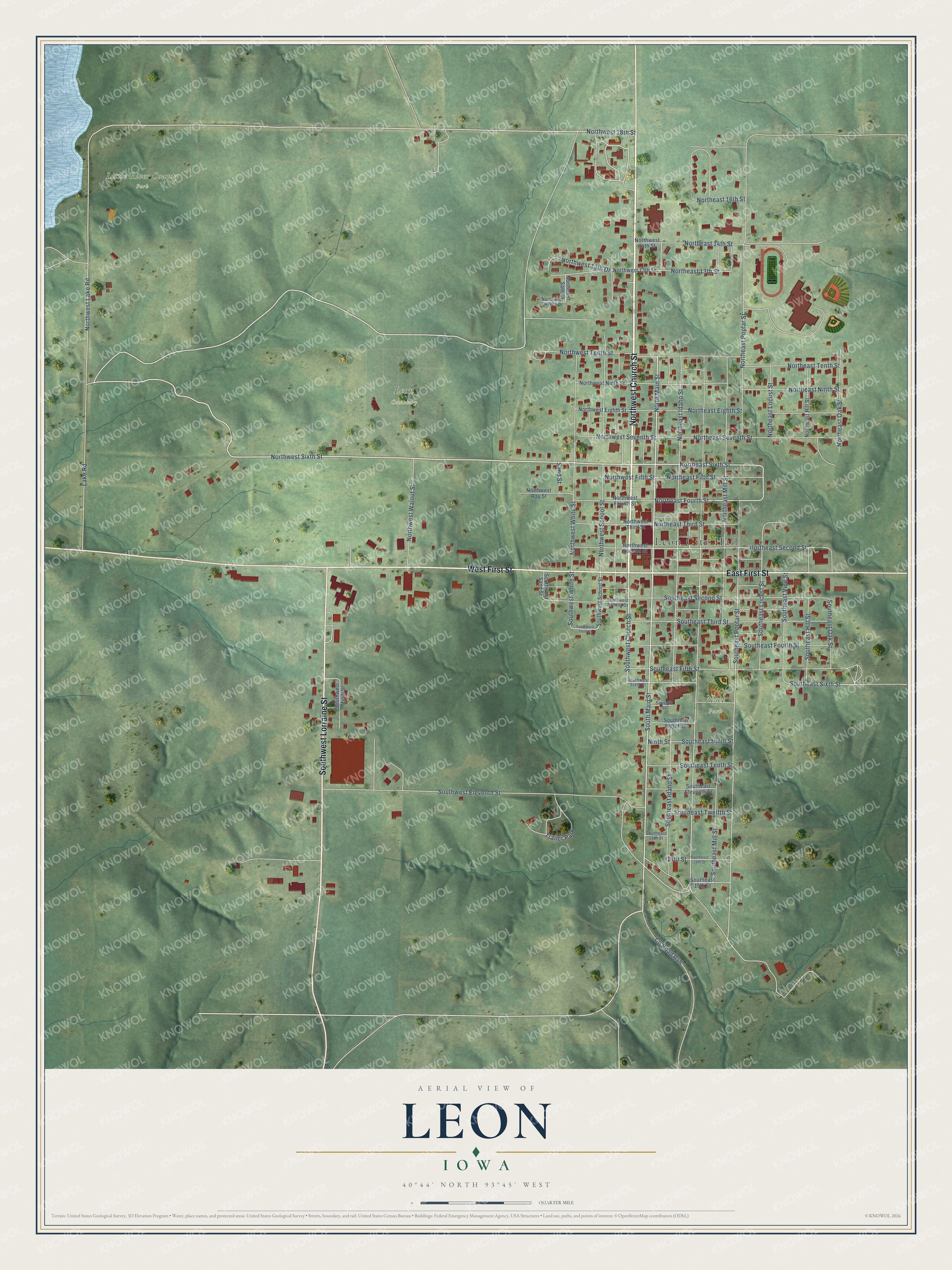 Full map of Leon, Iowa, with red buildings, printed street names and the land around them