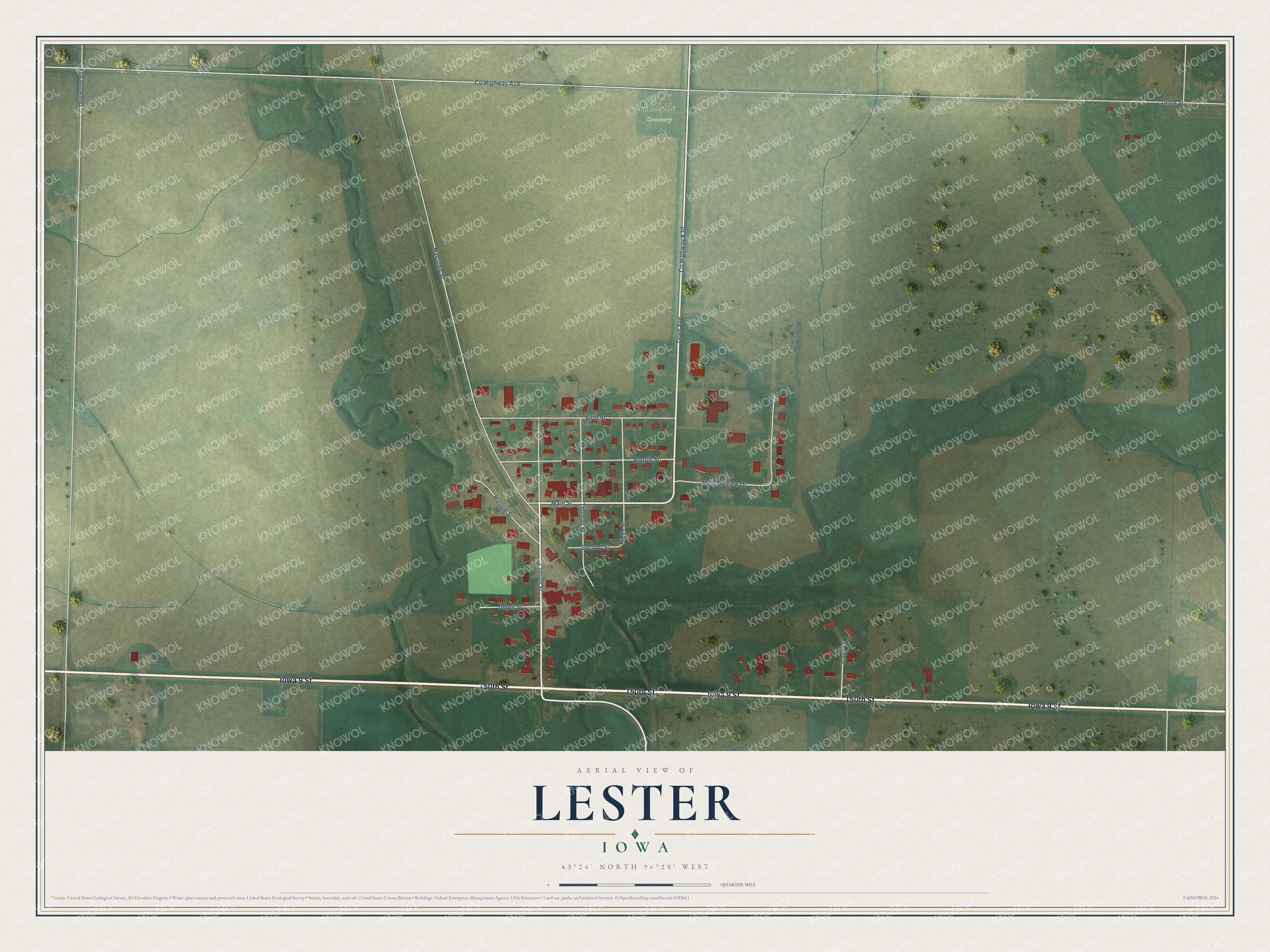 Full map of Lester, Iowa, with red buildings, printed street names and the land around them