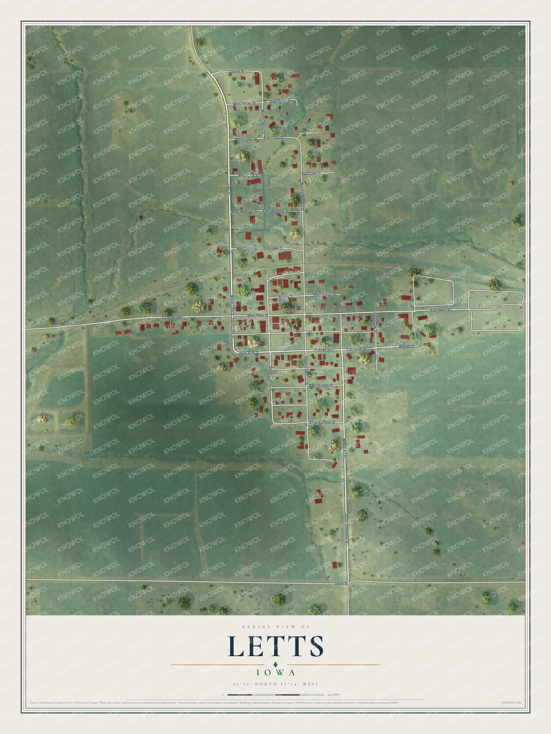 Full map of Letts, Iowa, with red buildings, printed street names and the land around them