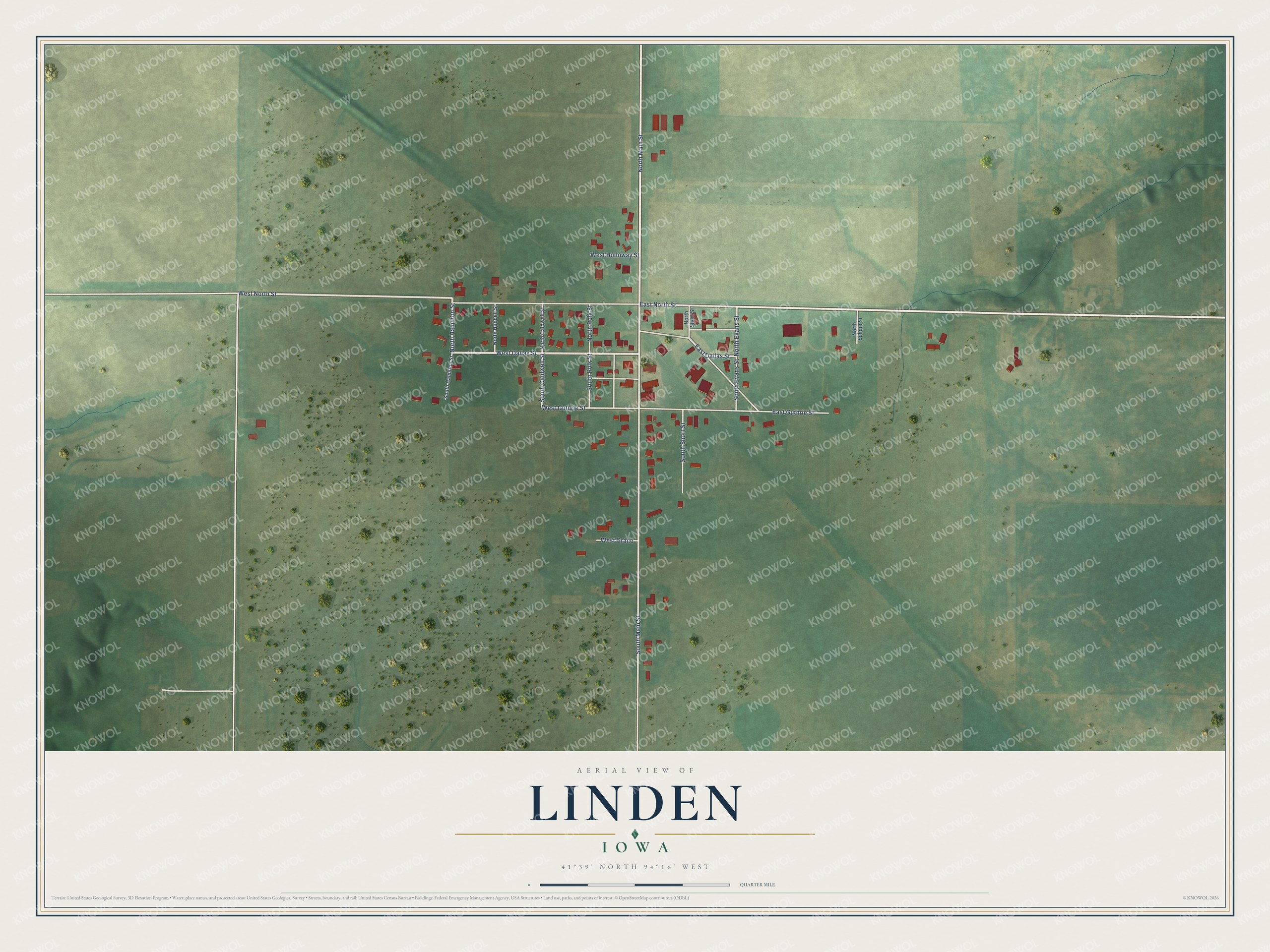 Full map of Linden, Iowa, with red buildings, printed street names and the land around them