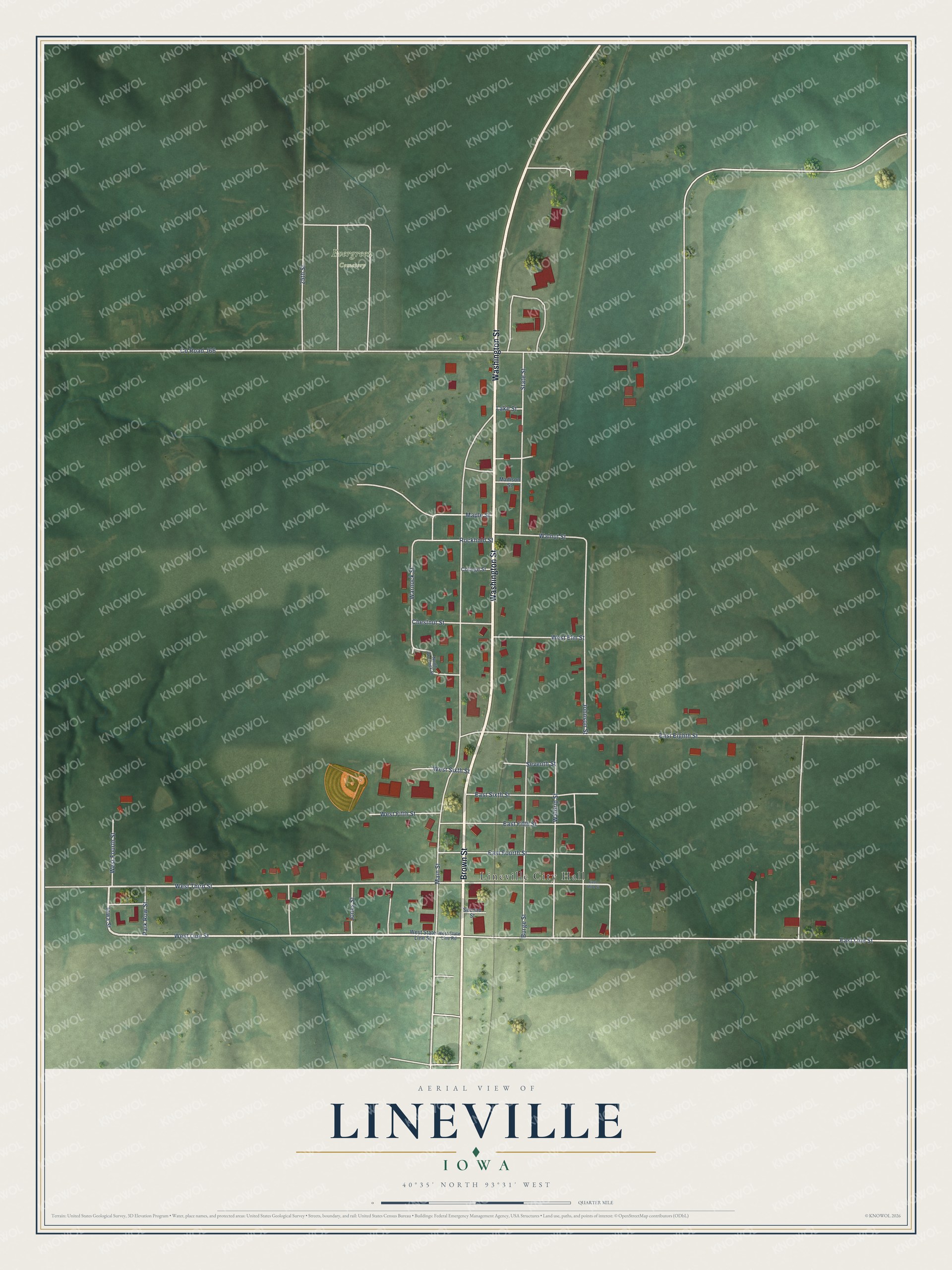 Full map of Lineville, Iowa, with red buildings, printed street names and the land around them