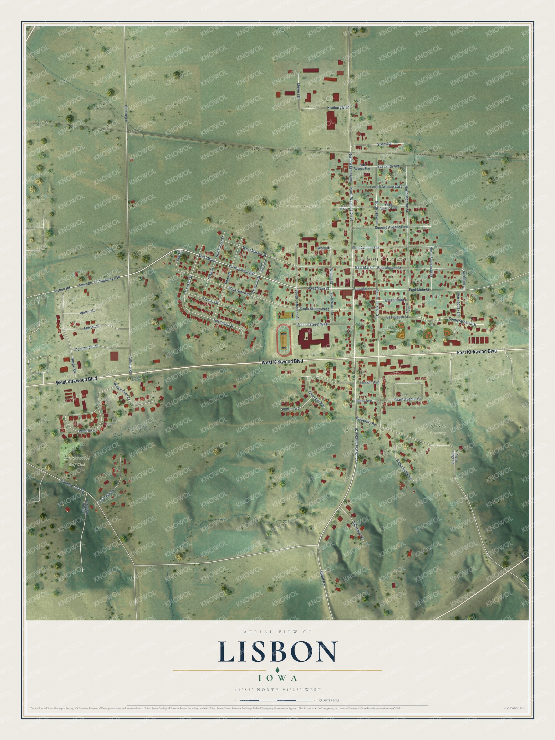 Full map of Lisbon, Iowa, with red buildings, printed street names and the land around them