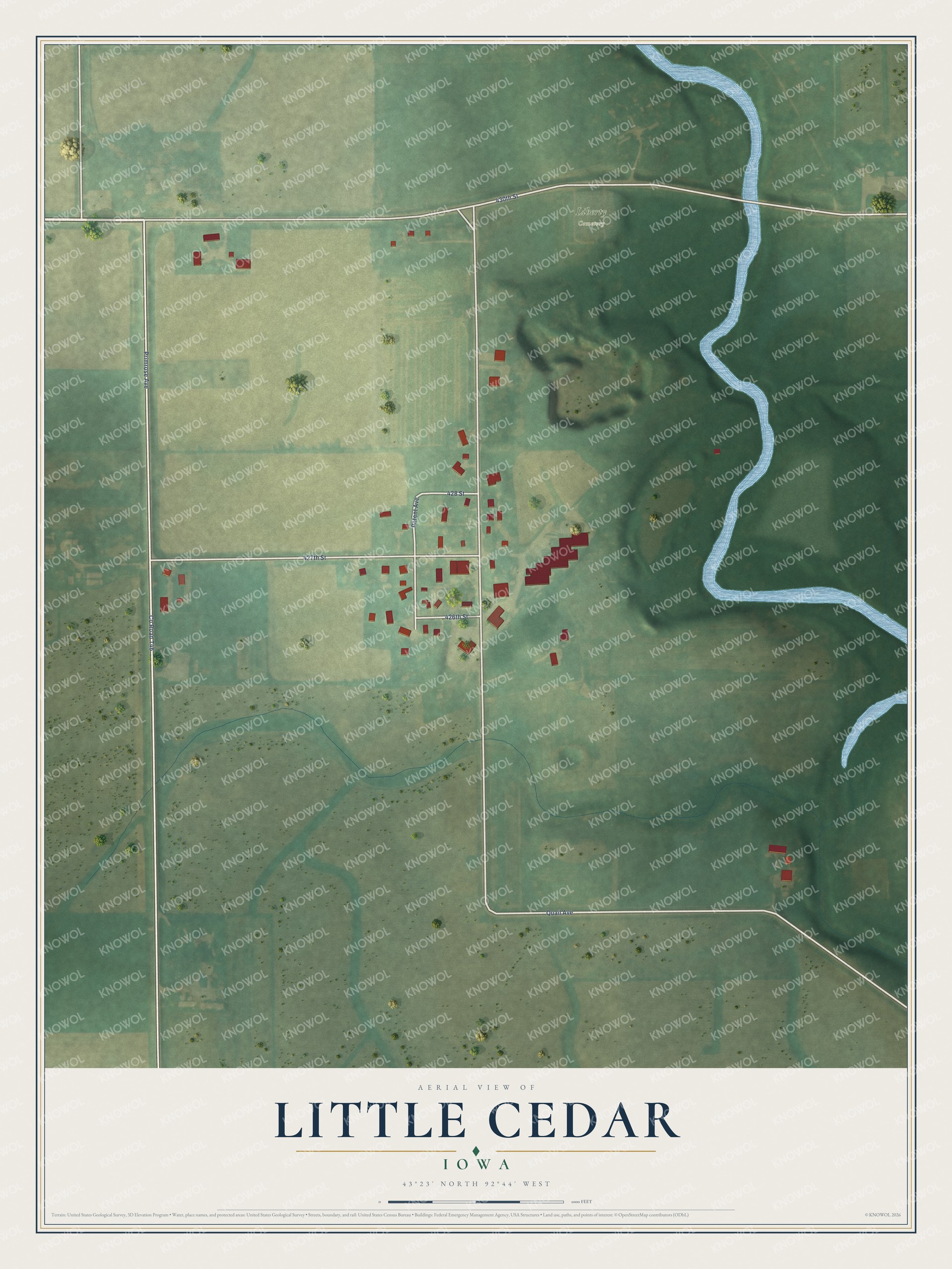 Full map of Little Cedar, Iowa, with red buildings, printed street names and the land around them