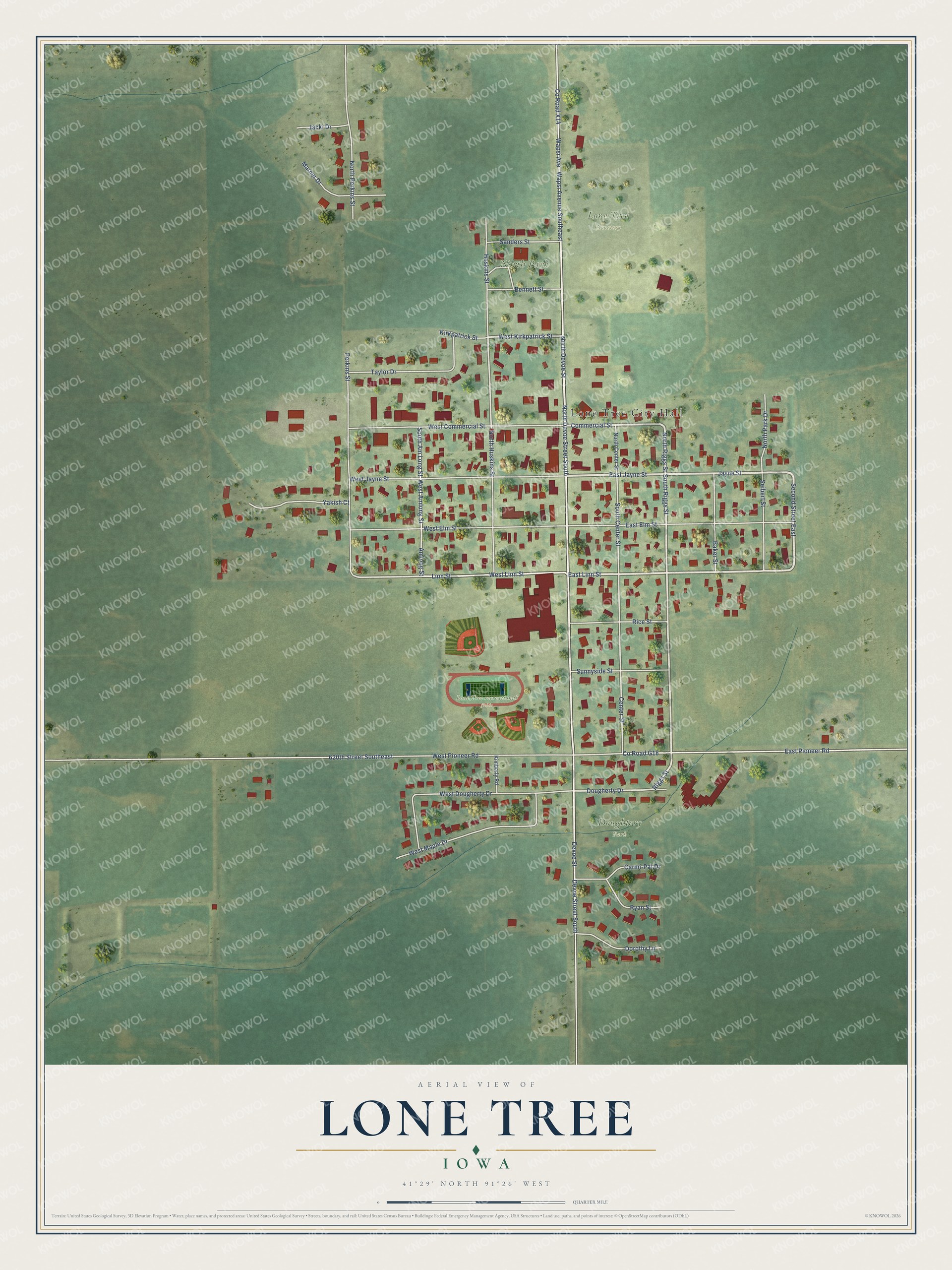 Full map of Lone Tree, Iowa, with red buildings, printed street names and the land around them
