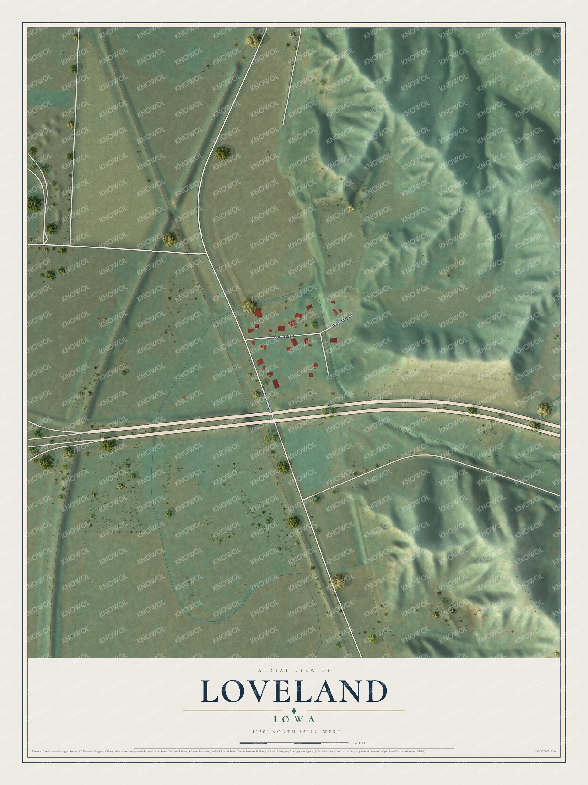 Full map of Loveland, Iowa, with red buildings, printed street names and the land around them