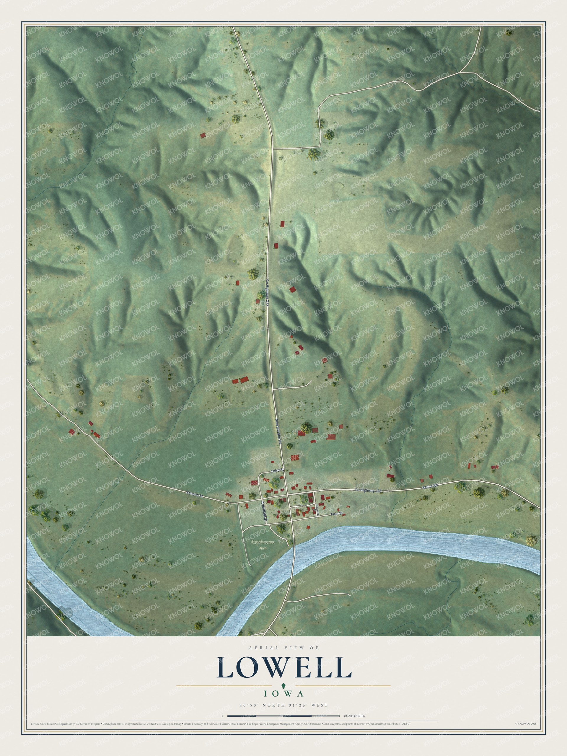 Full map of Lowell, Iowa, with red buildings, printed street names and the land around them