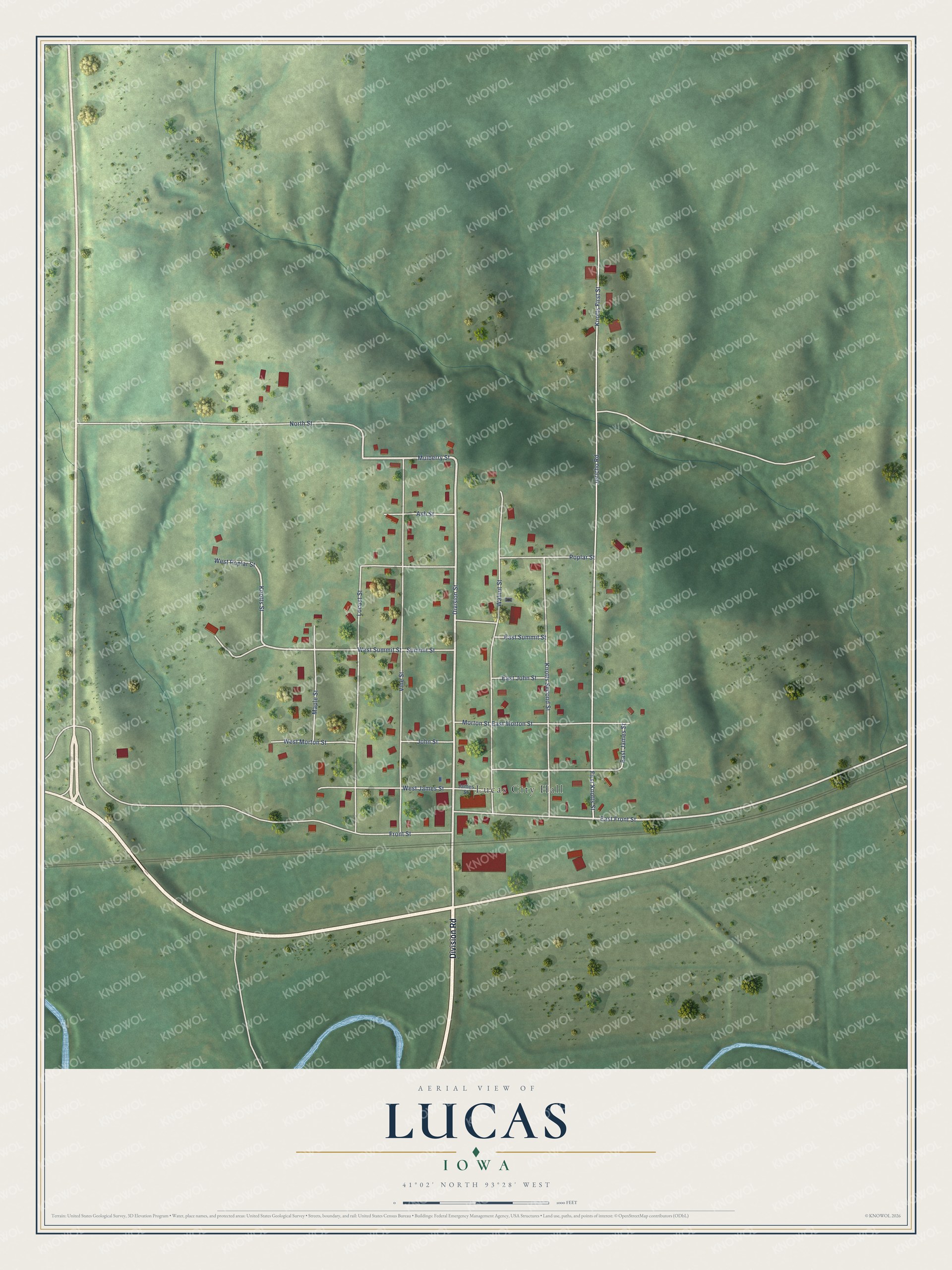 Full map of Lucas, Iowa, with red buildings, printed street names and the land around them