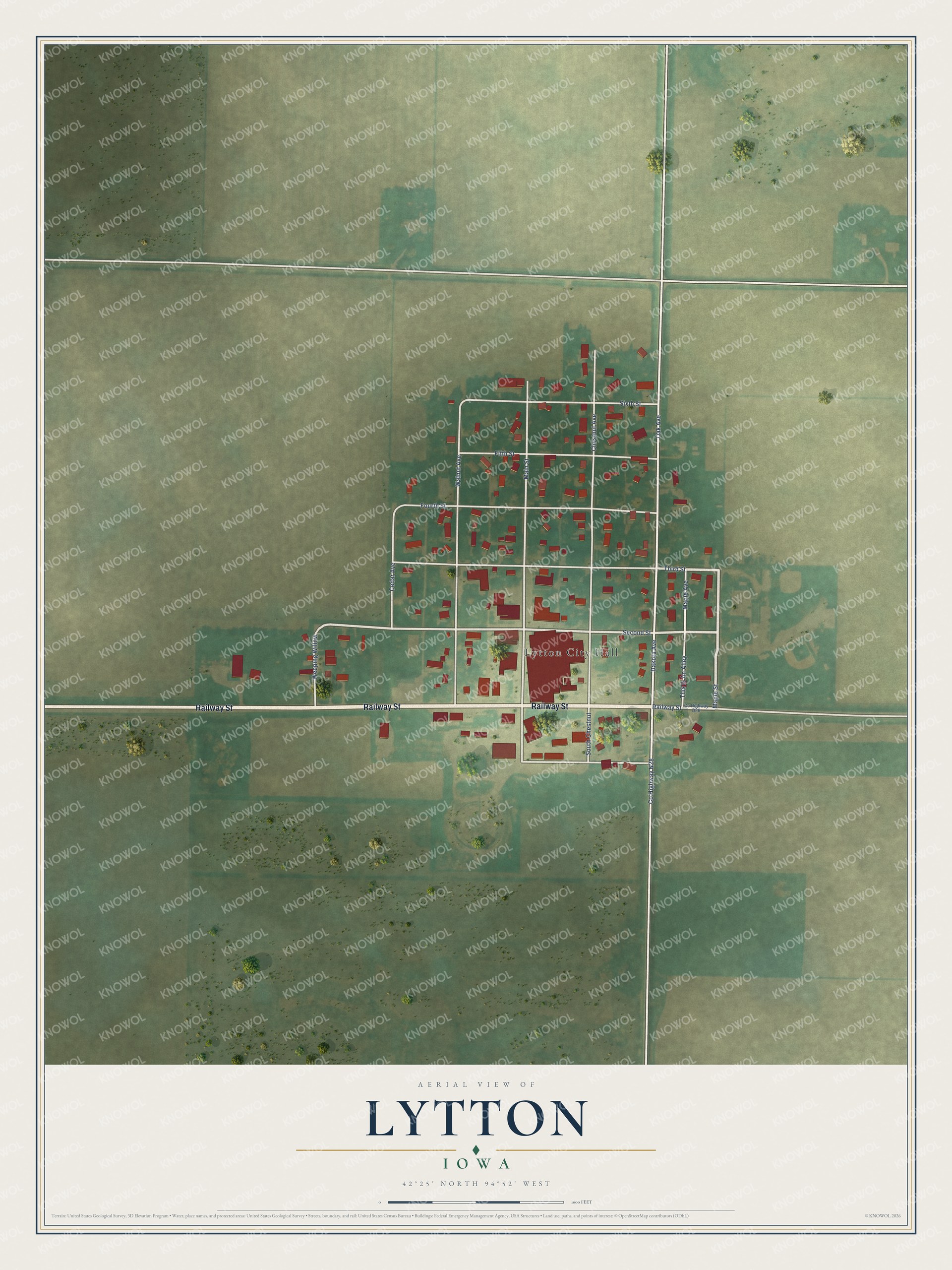 Full map of Lytton, Iowa, with red buildings, printed street names and the land around them