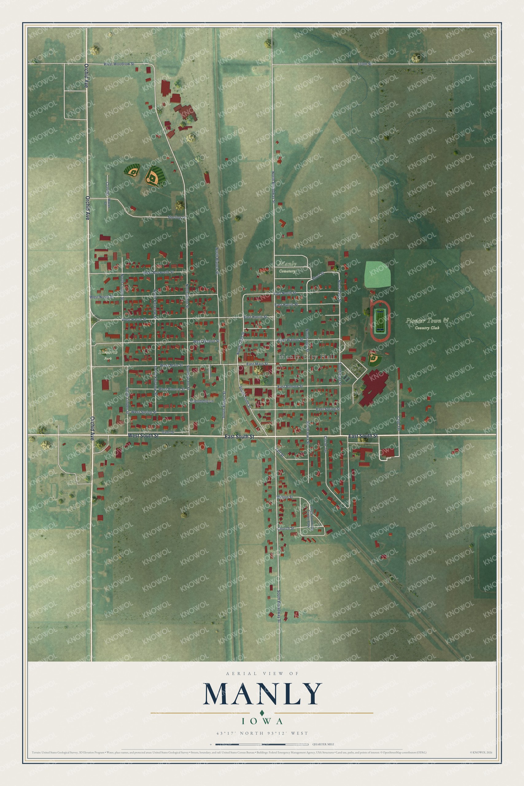 Full map of Manly, Iowa, with red buildings, printed street names and the land around them