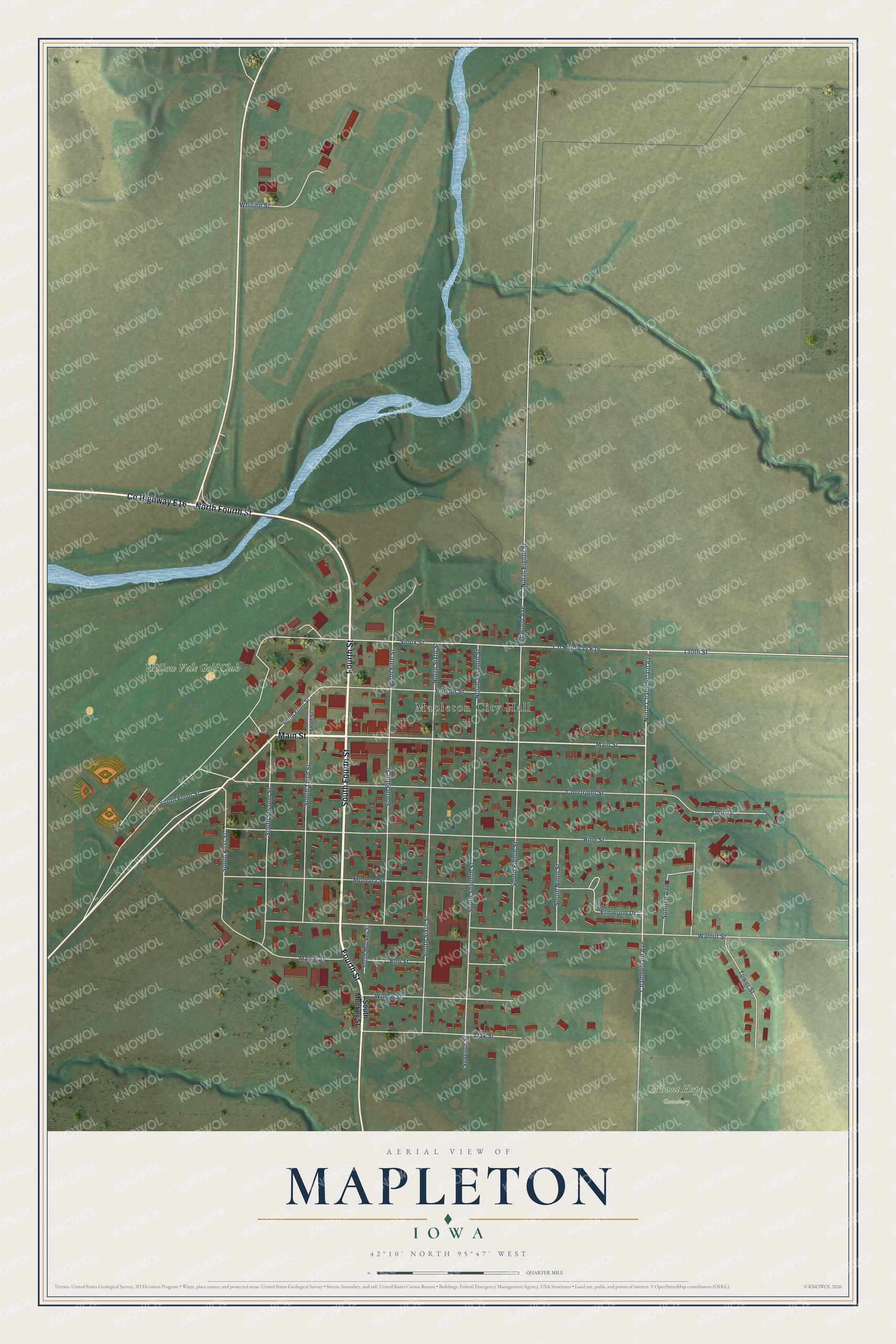 Full map of Mapleton, Iowa, with red buildings, printed street names and the land around them