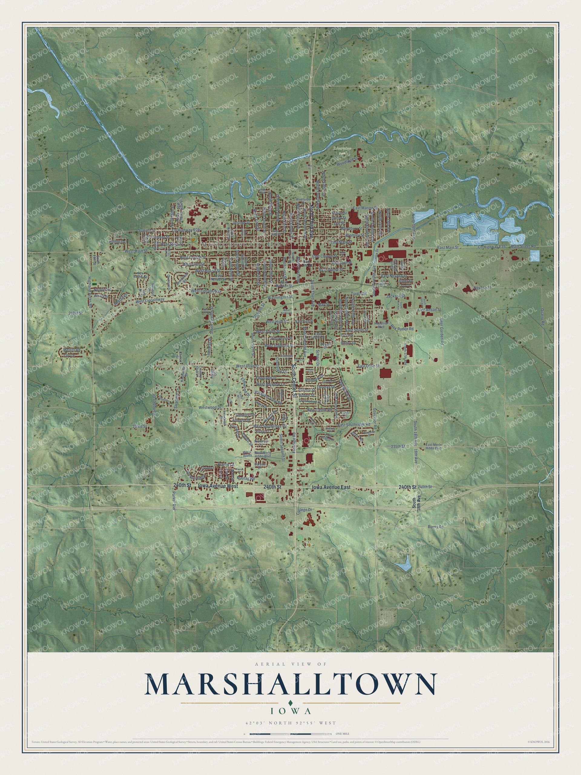 Full map of Marshalltown, Iowa, with red buildings, printed street names and the land around them