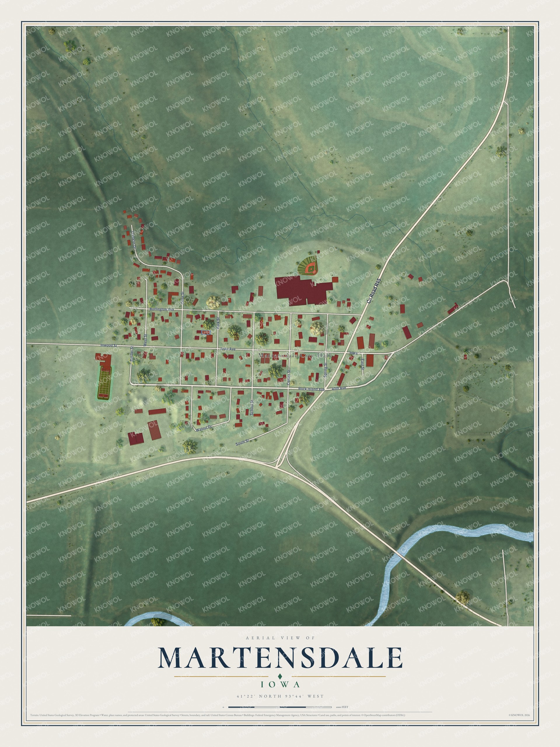 Full map of Martensdale, Iowa, with red buildings, printed street names and the land around them
