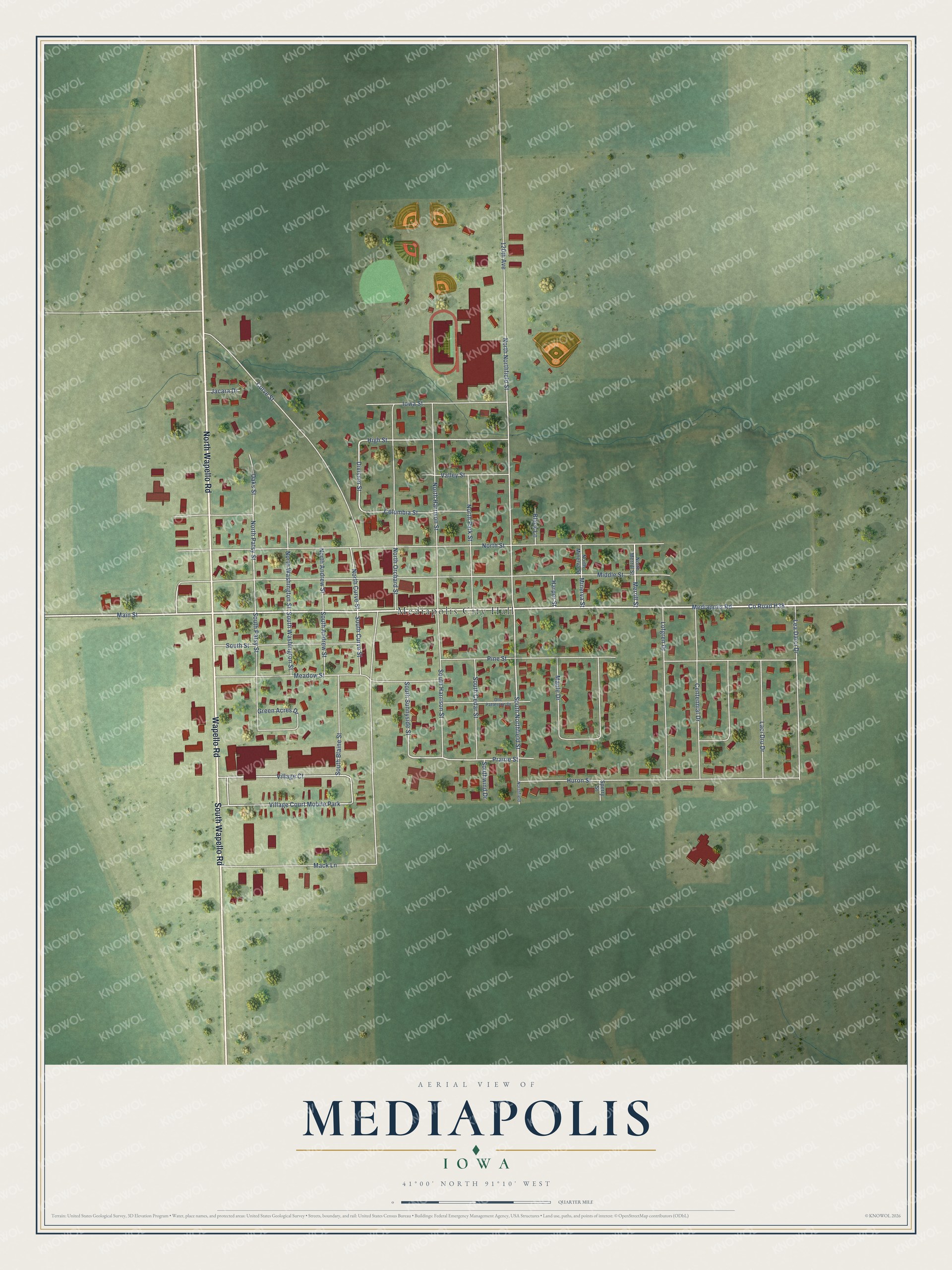 Full map of Mediapolis, Iowa, with red buildings, printed street names and the land around them