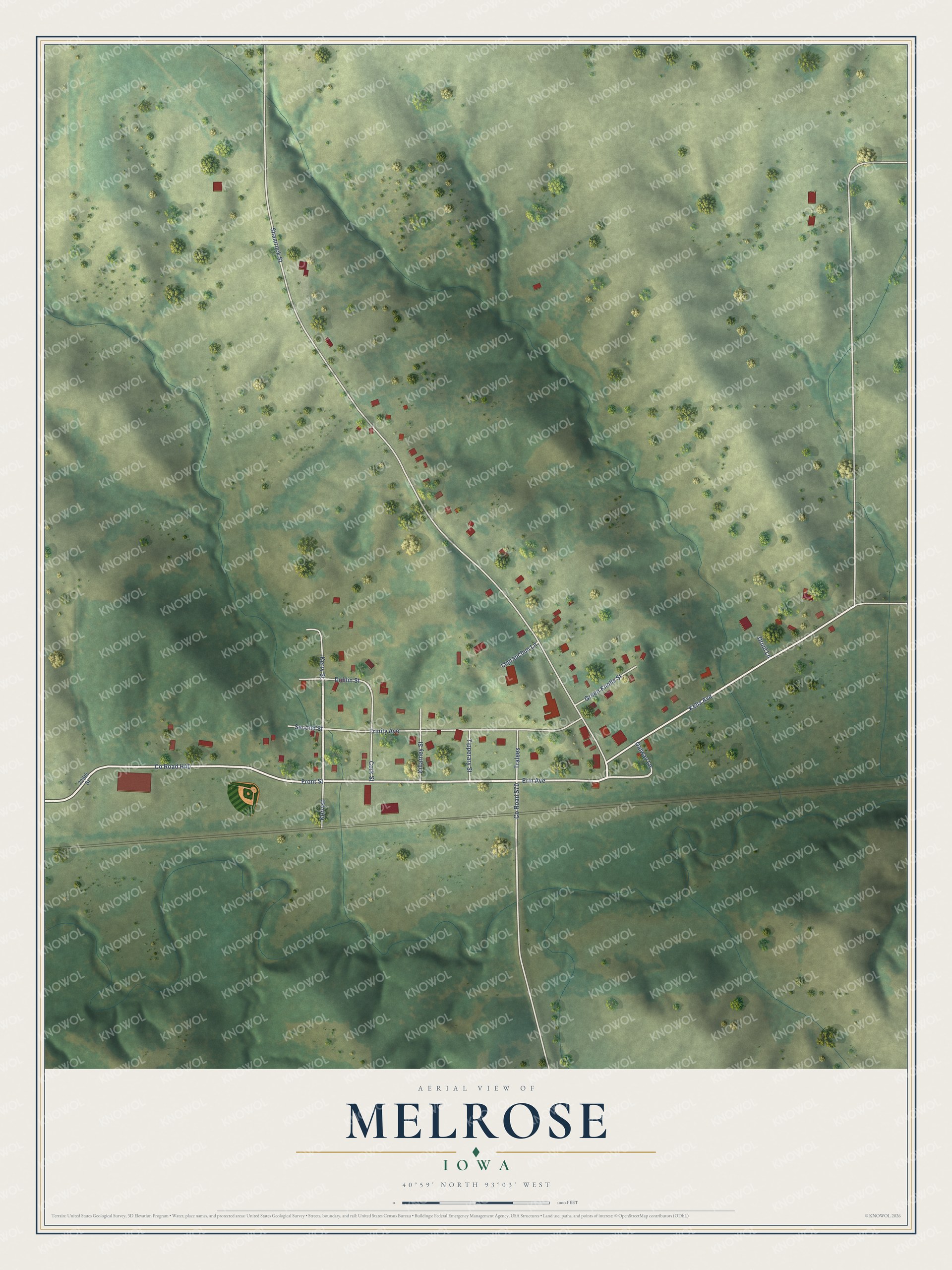 Full map of Melrose, Iowa, with red buildings, printed street names and the land around them