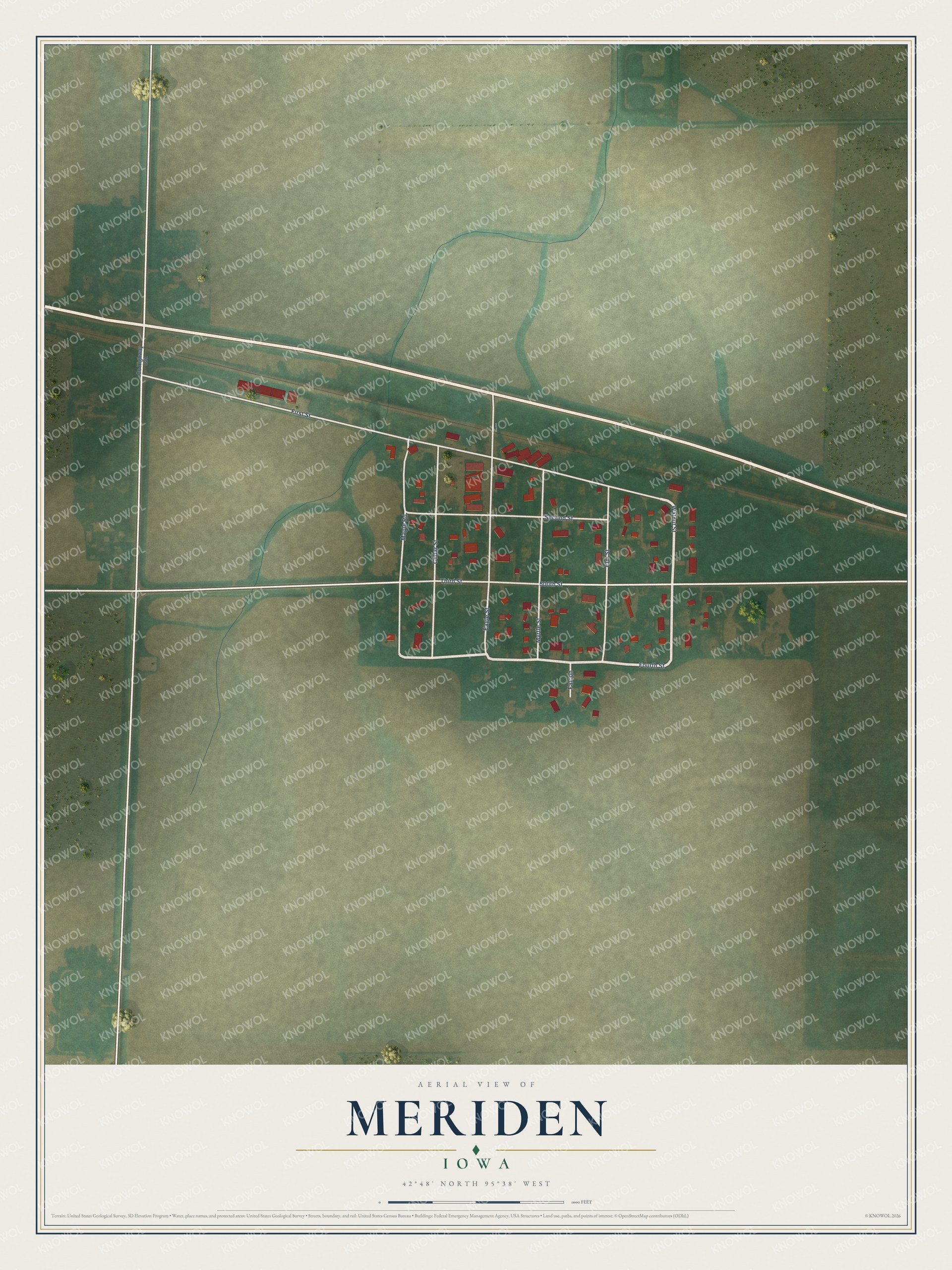 Watermarked full-map preview of Meriden, Iowa