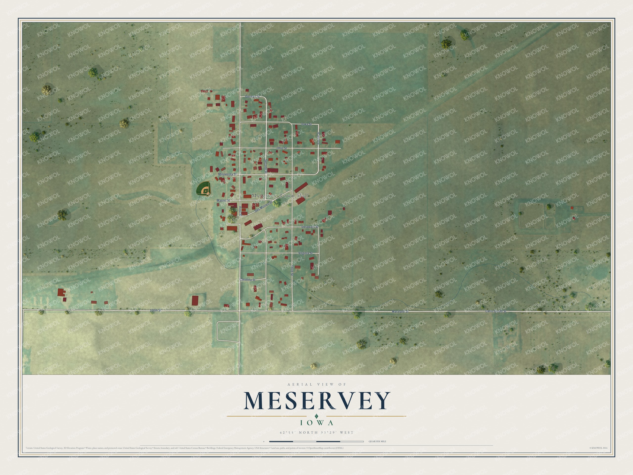 Full map of Meservey, Iowa, with red buildings, printed street names and the land around them