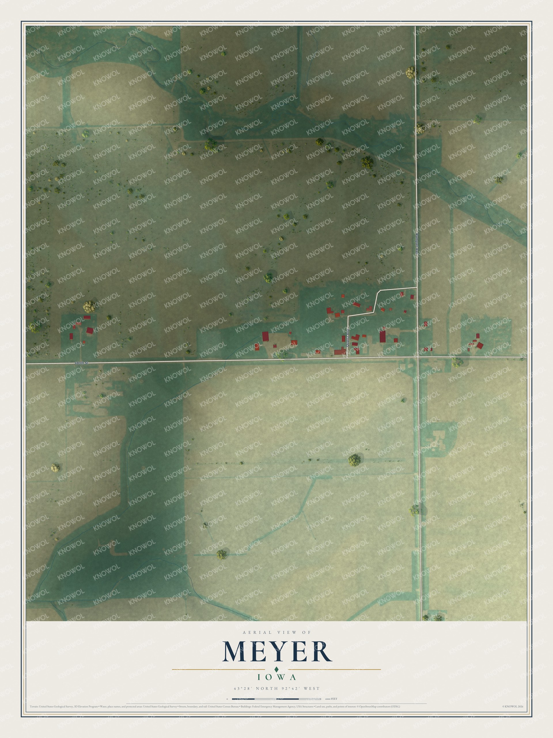 Full map of Meyer, Iowa, with red buildings, printed street names and the land around them
