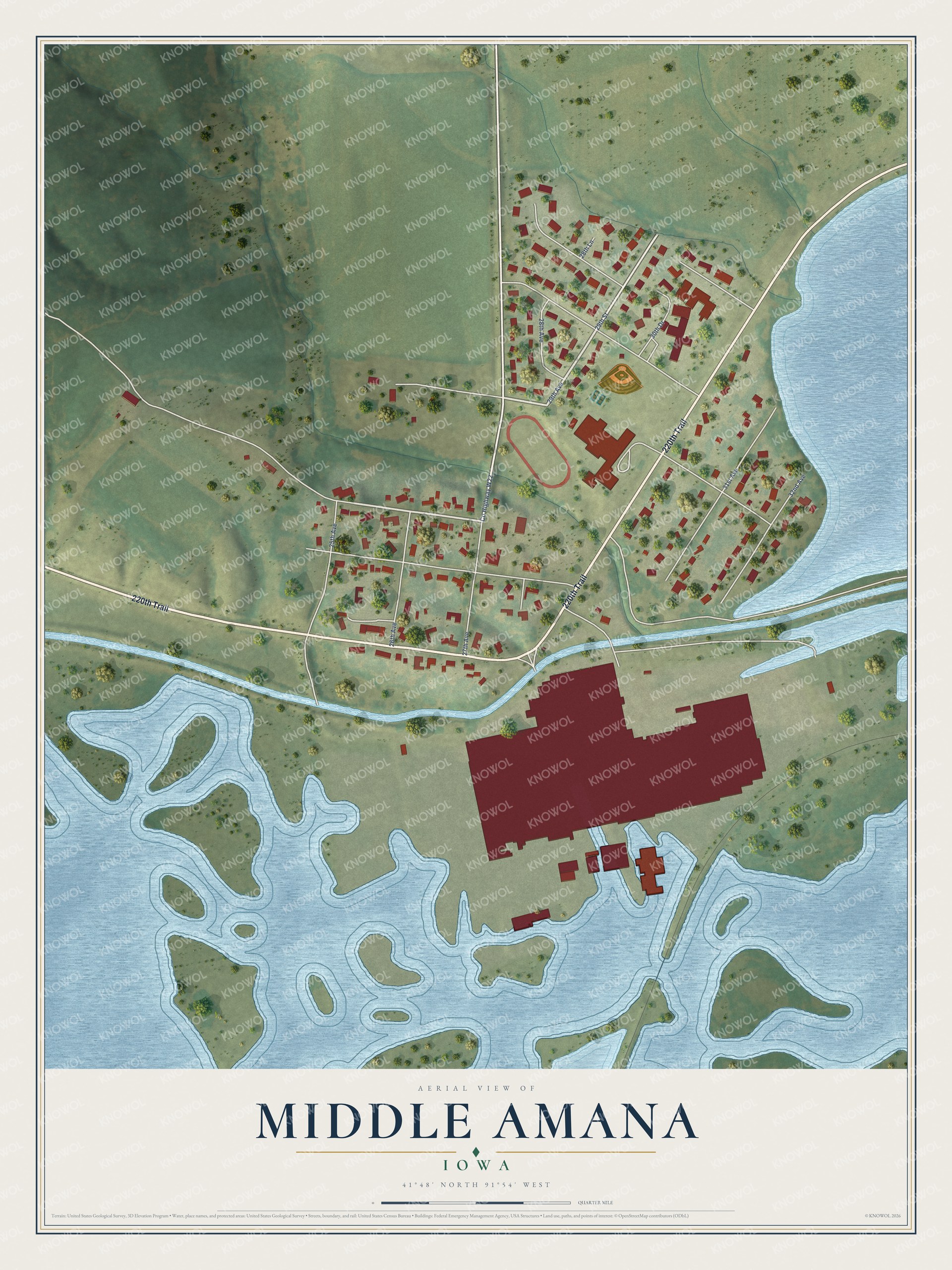 Full map of Middle Amana, Iowa, with red buildings, printed street names and the land around them