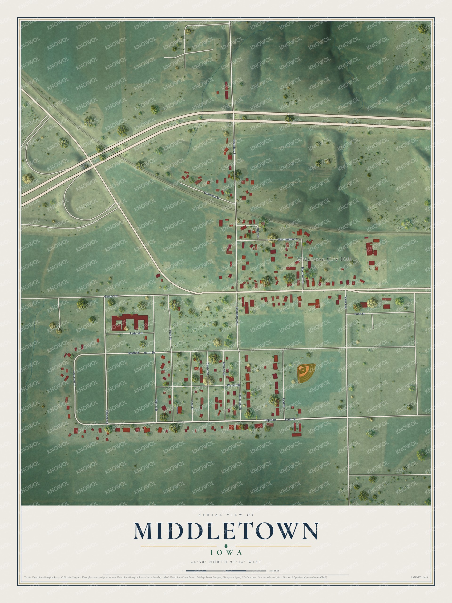 Full map of Middletown, Iowa, with red buildings, printed street names and the land around them