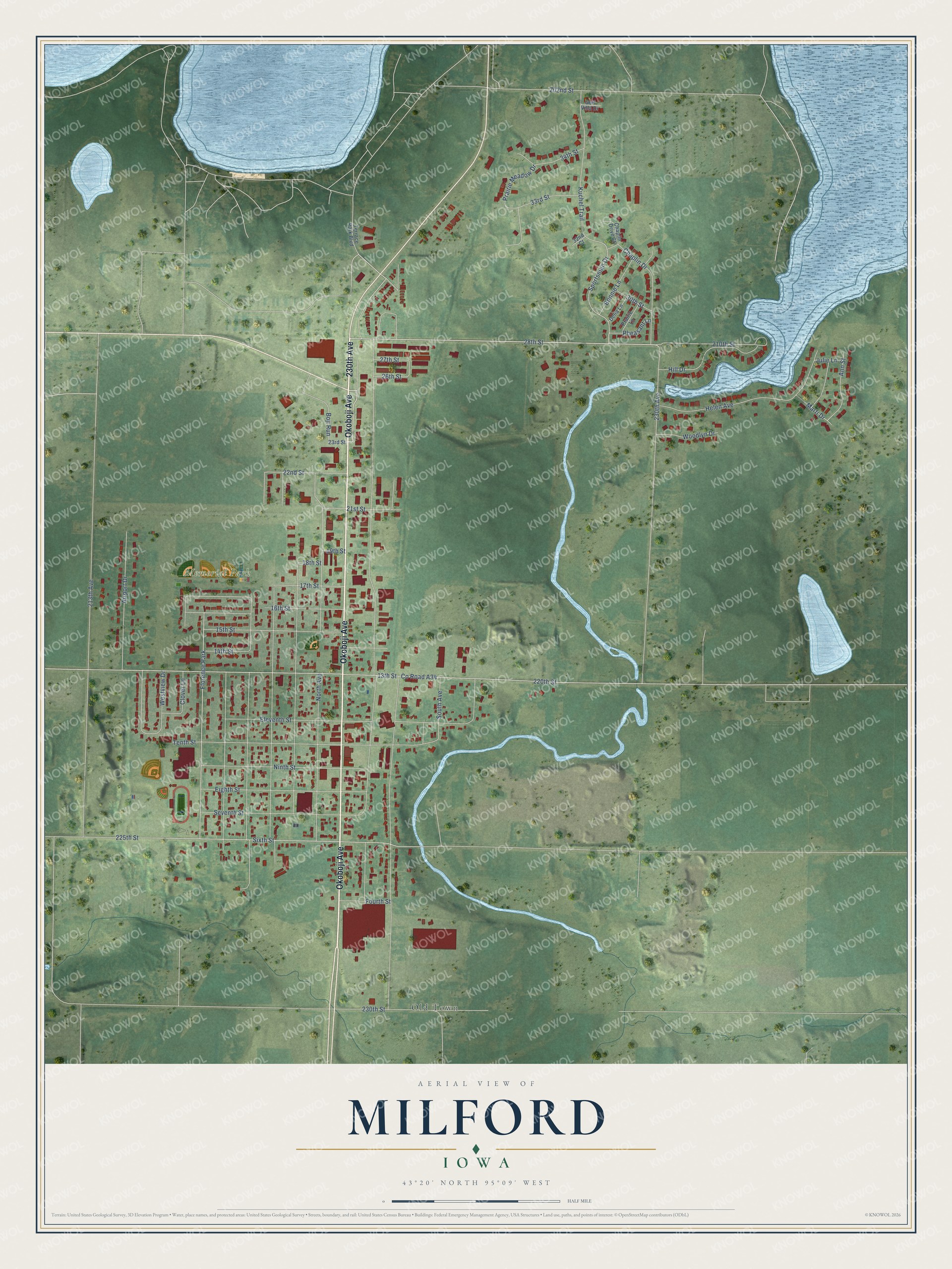 Watermarked full-map preview of Milford, Iowa