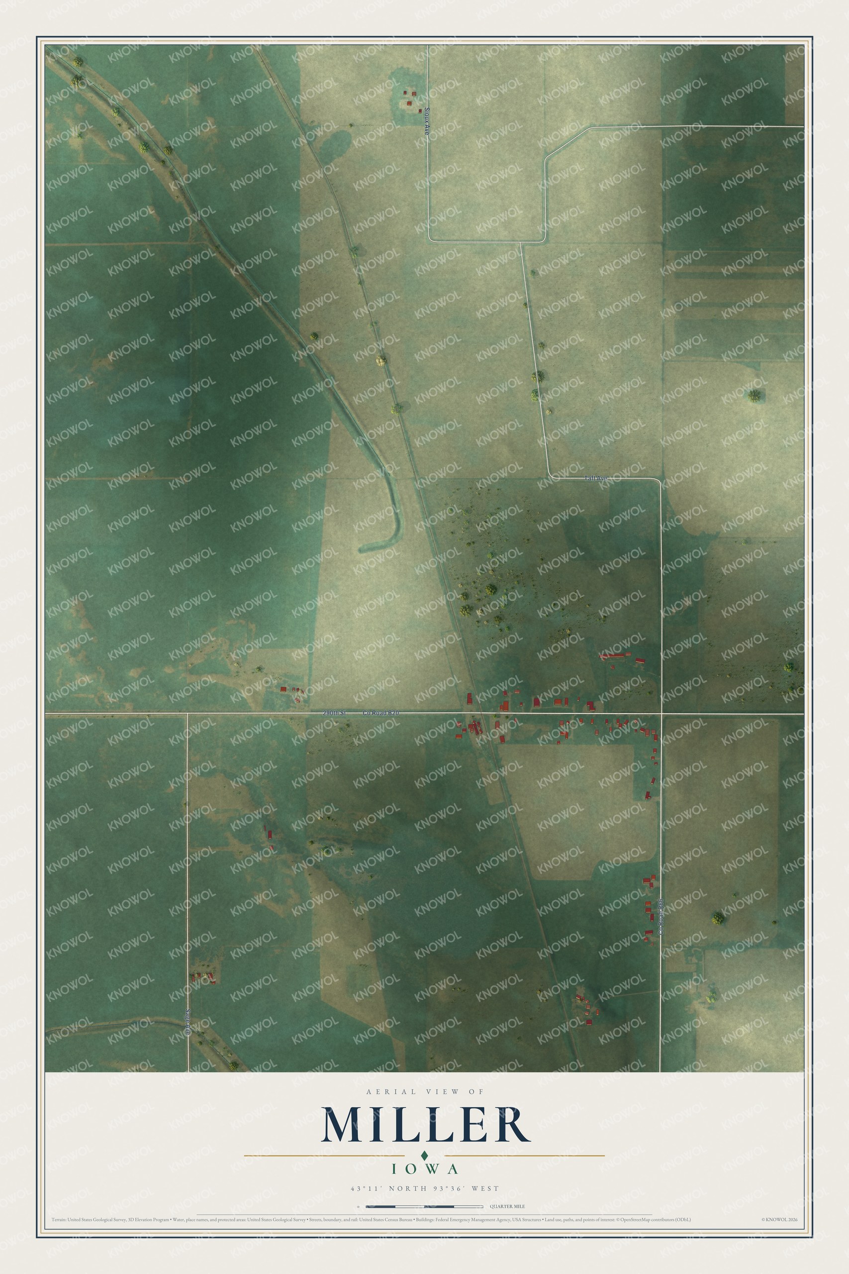 Full map of Miller, Iowa, with red buildings, printed street names and the land around them