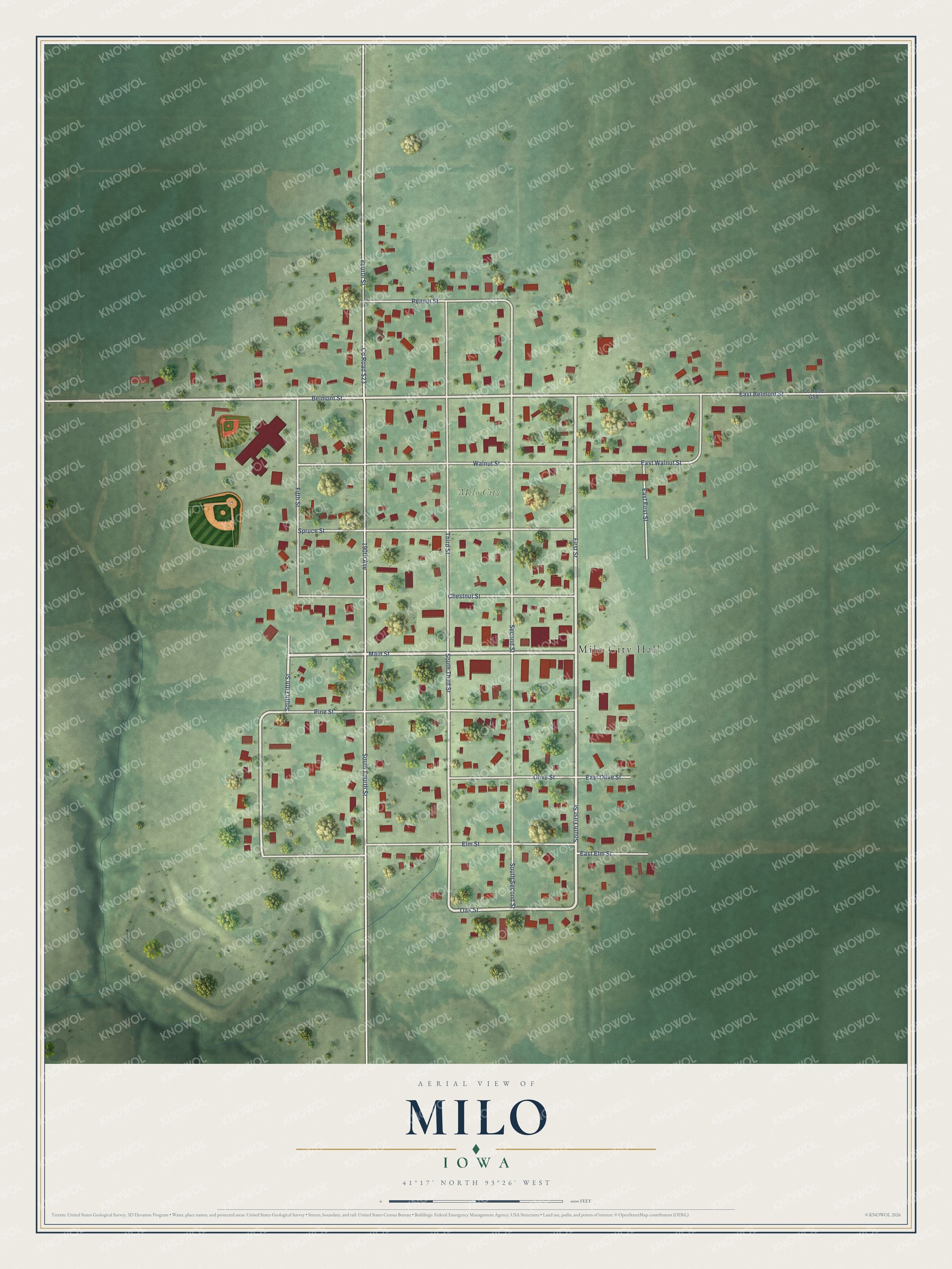 Full map of Milo, Iowa, with red buildings, printed street names and the land around them
