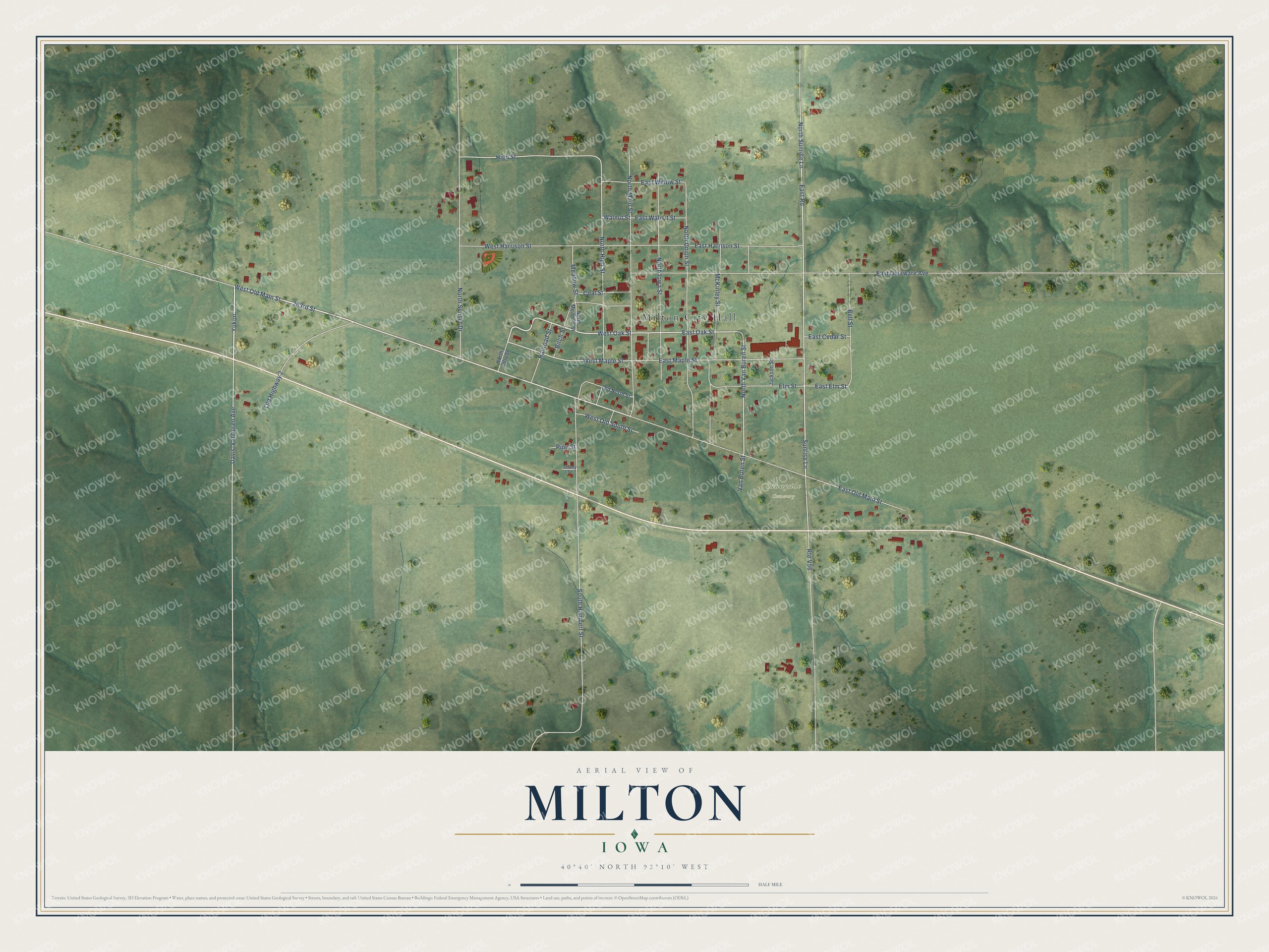 Full map of Milton, Iowa, with red buildings, printed street names and the land around them