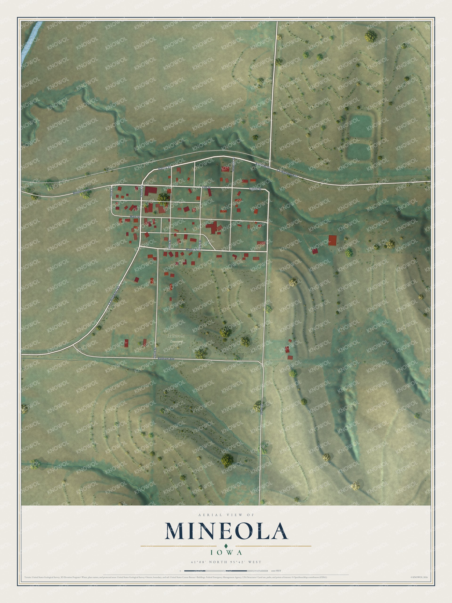 Full map of Mineola, Iowa, with red buildings, printed street names and the land around them