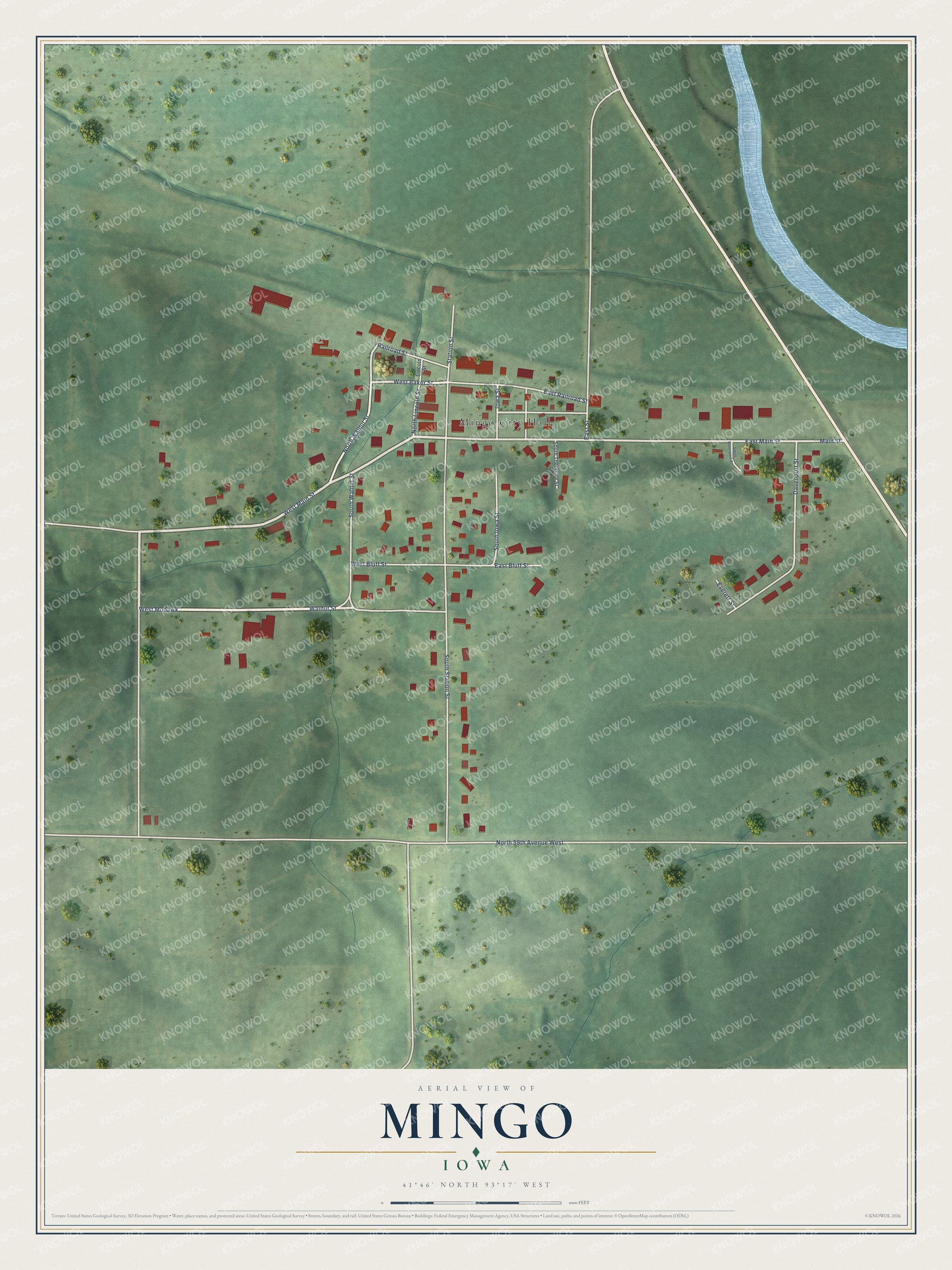 Full map of Mingo, Iowa, with red buildings, printed street names and the land around them