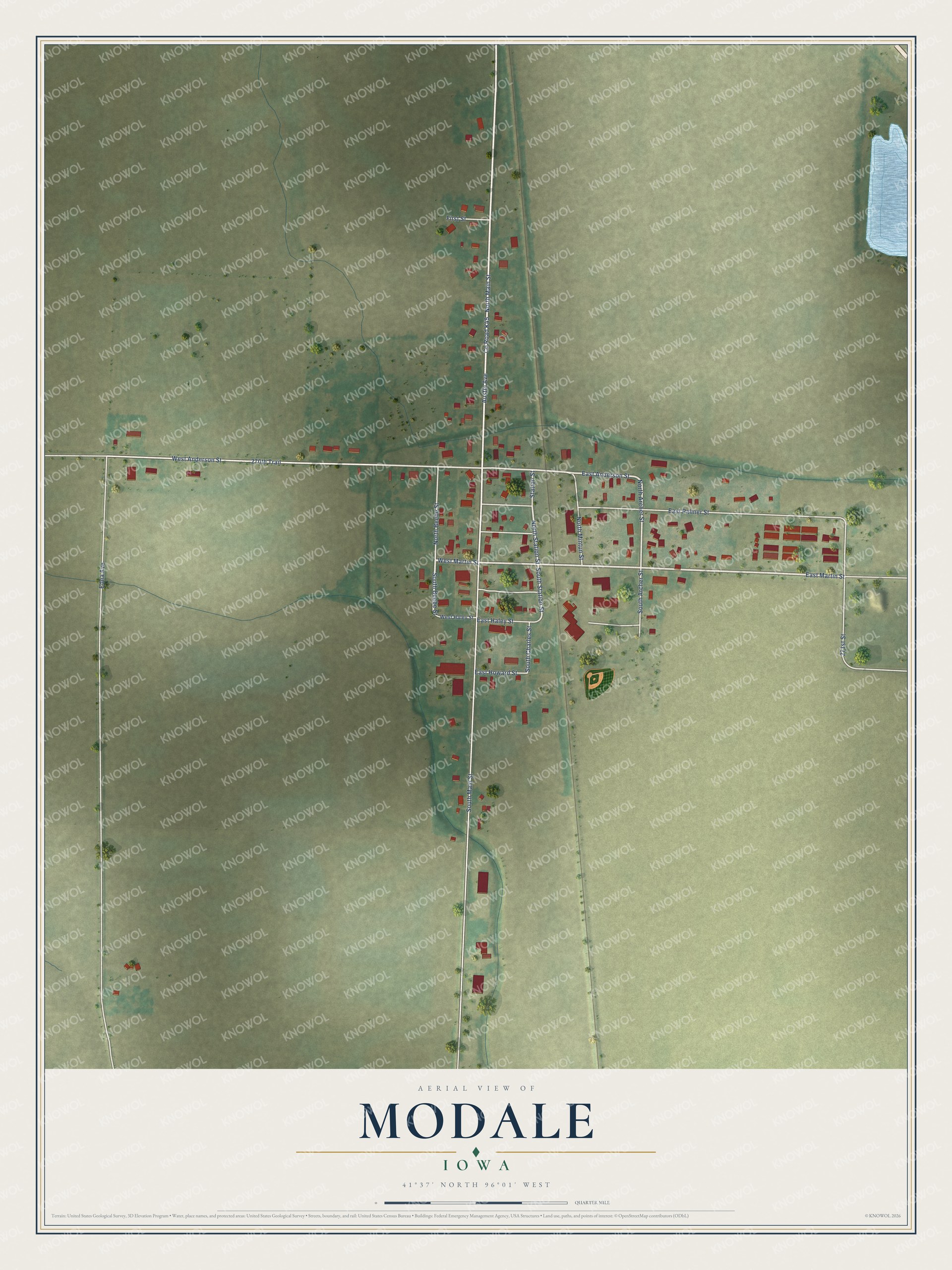 Full map of Modale, Iowa, with red buildings, printed street names and the land around them