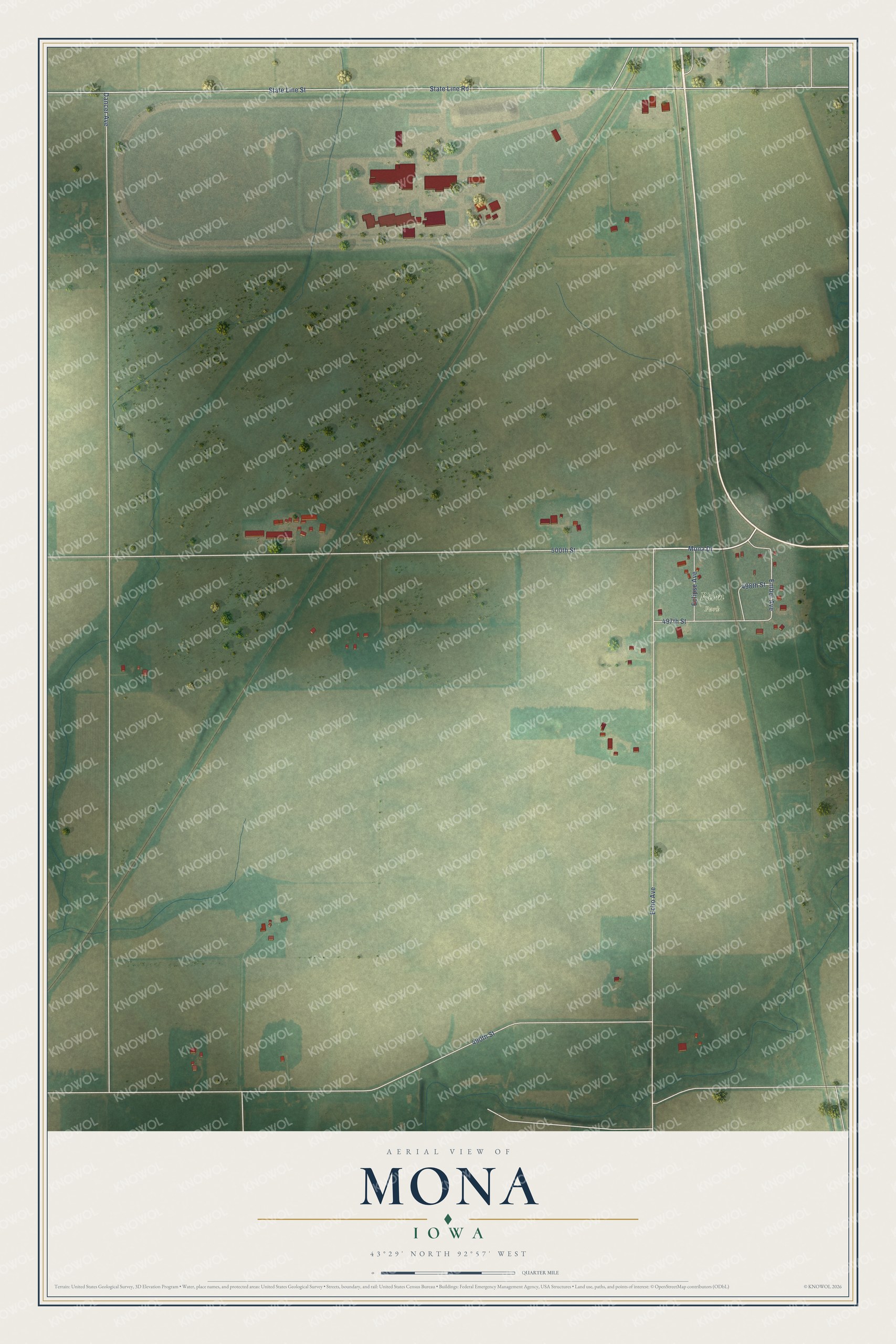 Full map of Mona, Iowa, with red buildings, printed street names and the land around them