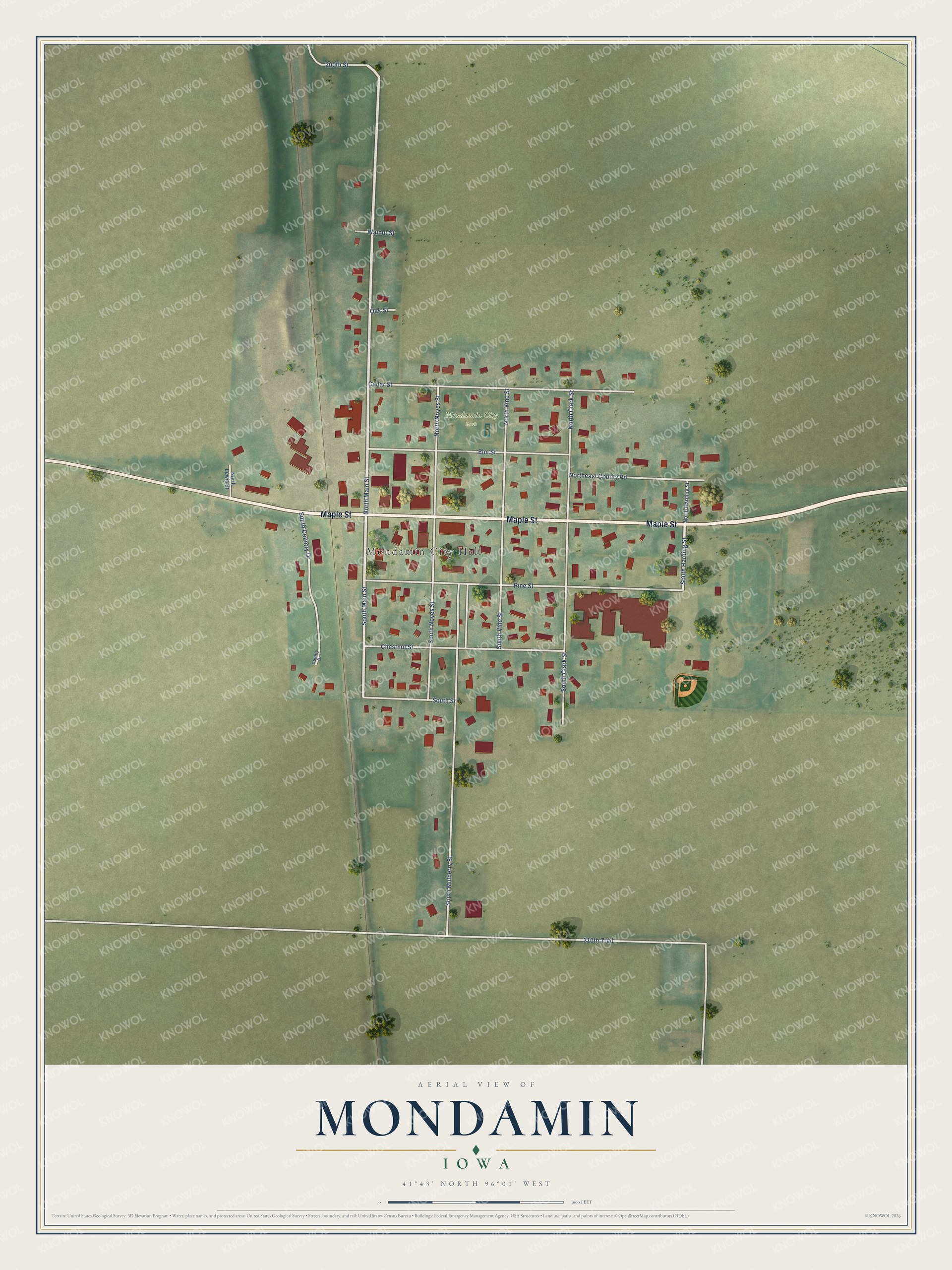 Full map of Mondamin, Iowa, with red buildings, printed street names and the land around them